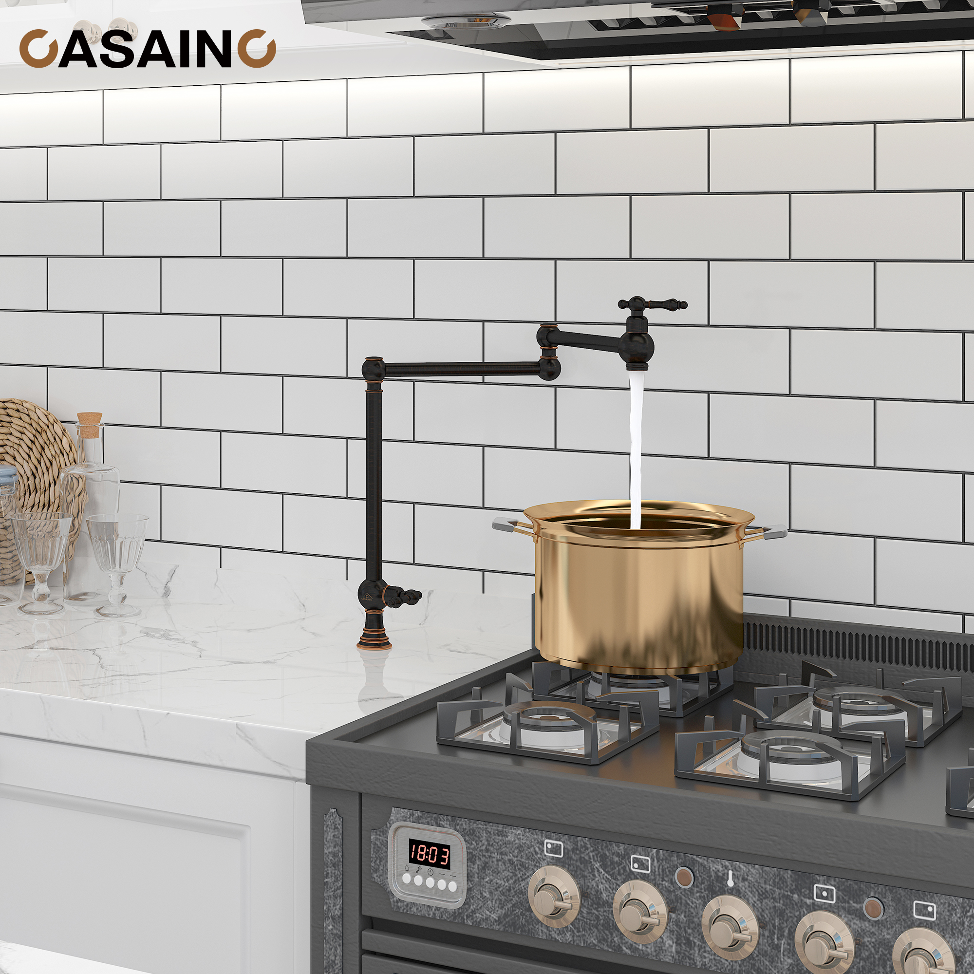 Pot Filler Kitchen Faucet Deck Mount Stove Faucet Dual Handle Folding Faucet with Stretchable Double Joint Swing Arm