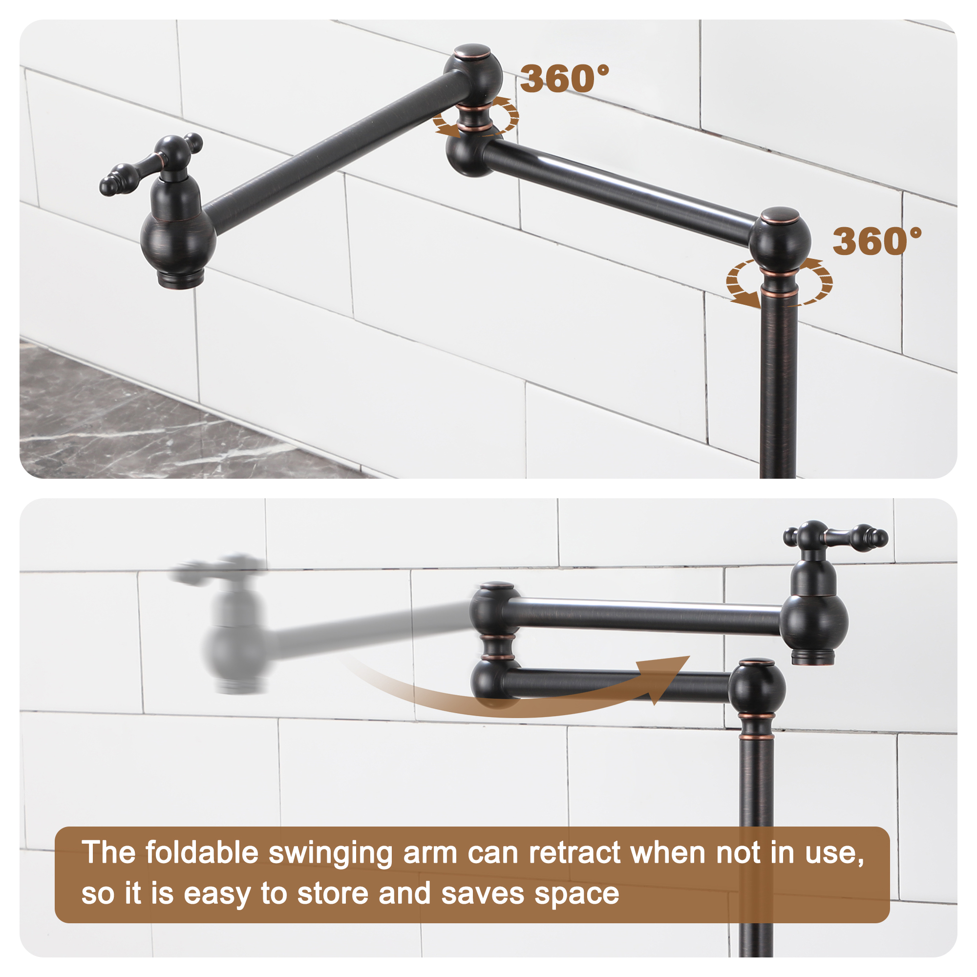 Deck-Mounted Double Handle Pot Filler Kitchen Faucet Stove Faucet with Folding Stretchable Double-Jointed Arm