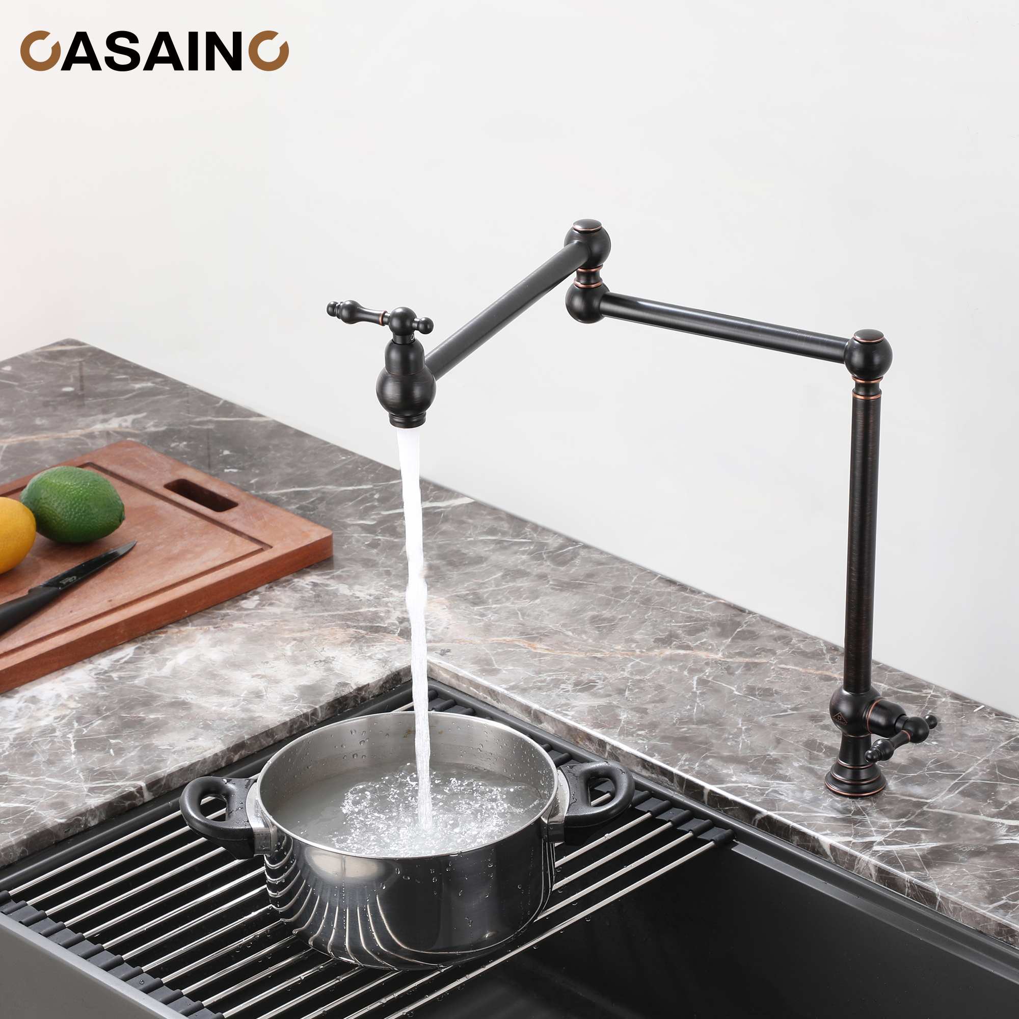 Pot Filler Kitchen Faucet Deck Mount Stove Faucet Dual Handle Folding Faucet with Stretchable Double Joint Swing Arm