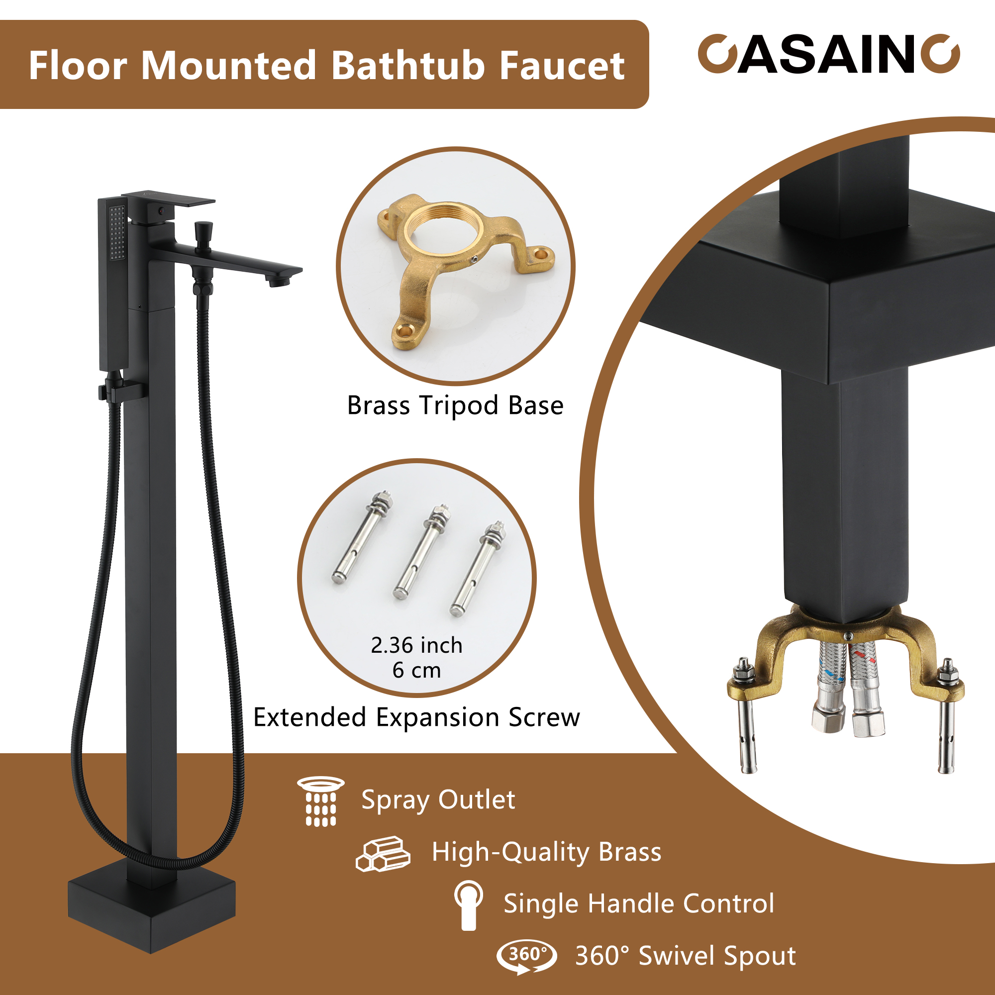 Waterfall Freestanding Bathtub Faucet with Hand Shower in Matte Black, Chrome Plated, Brushed Nickel, Brushed Gold
