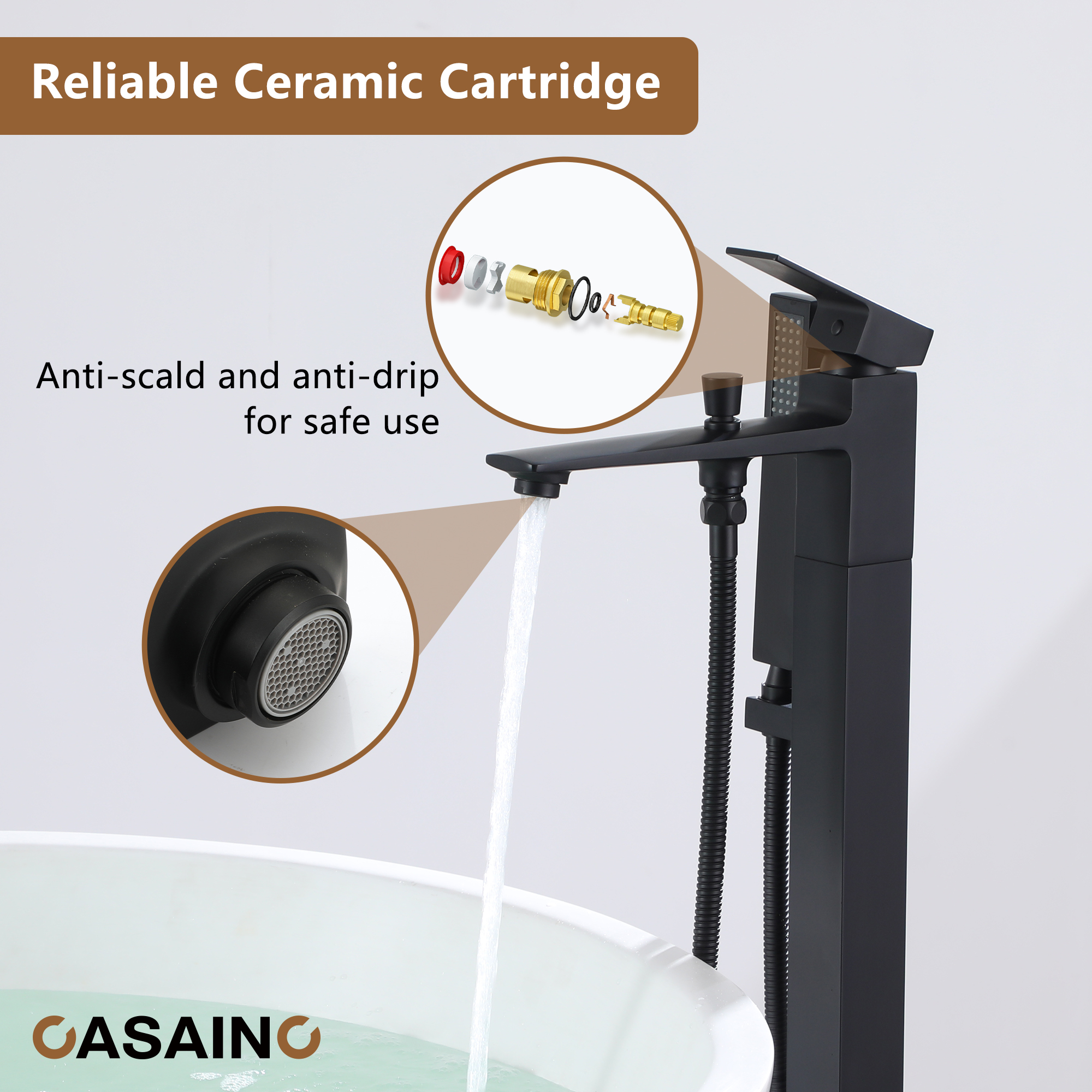 Waterfall Freestanding Bathtub Faucet with Hand Shower in Matte Black, Chrome Plated, Brushed Nickel, Brushed Gold