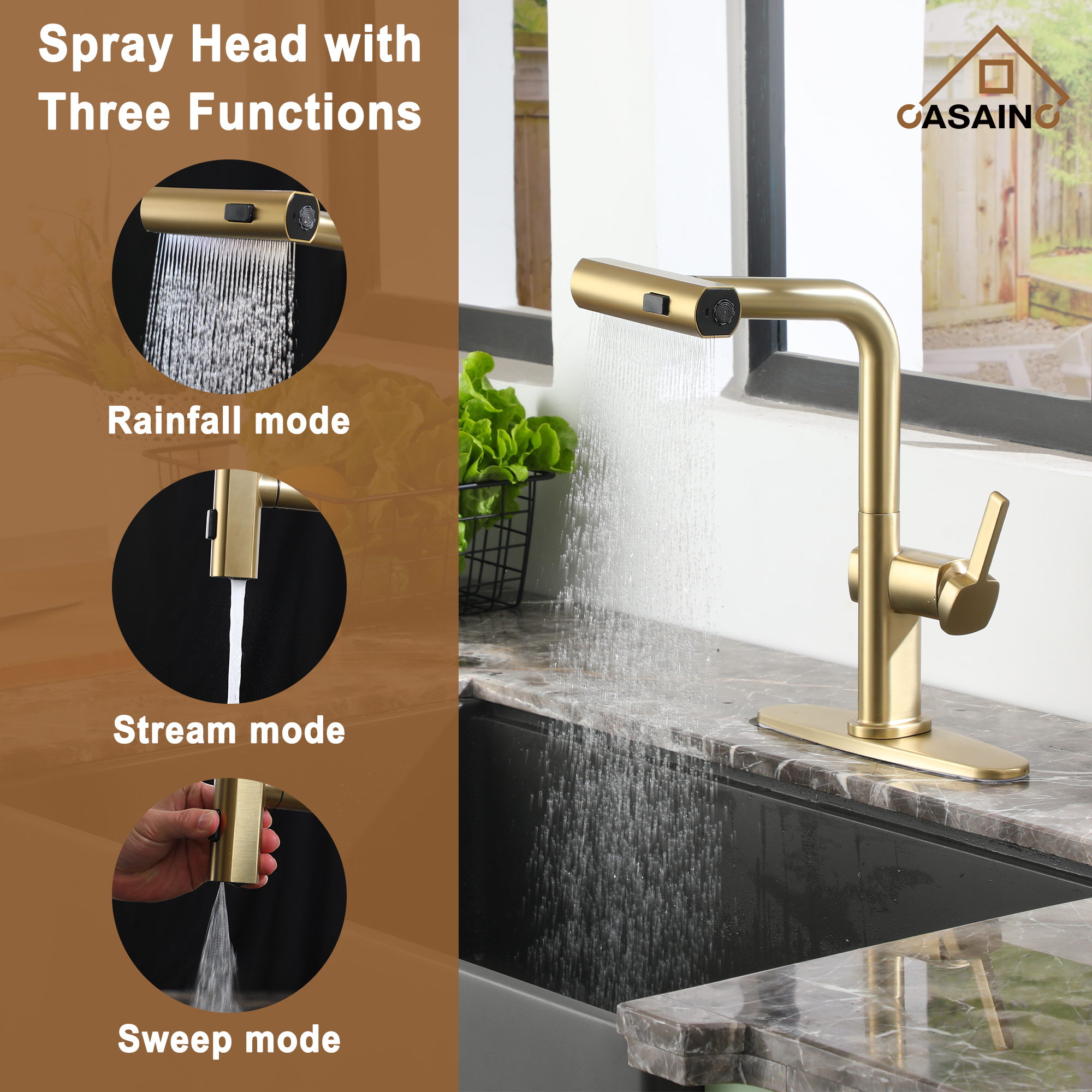 Single Handle Pull-Out Kitchen Faucet with 3 Functions Spray