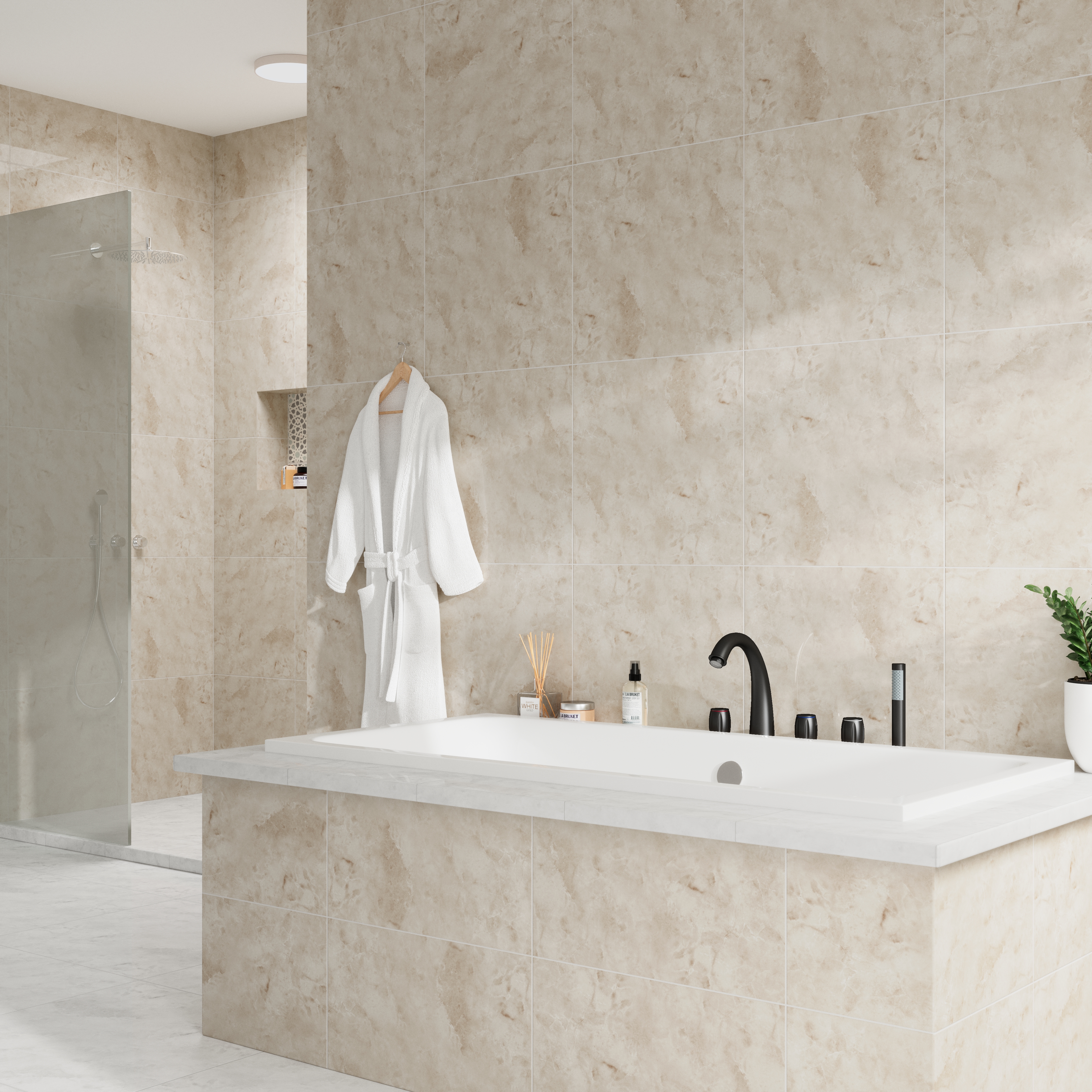 3-Handle Deck-Mounted Waterfall Roman Tub Faucet with Hand Shower