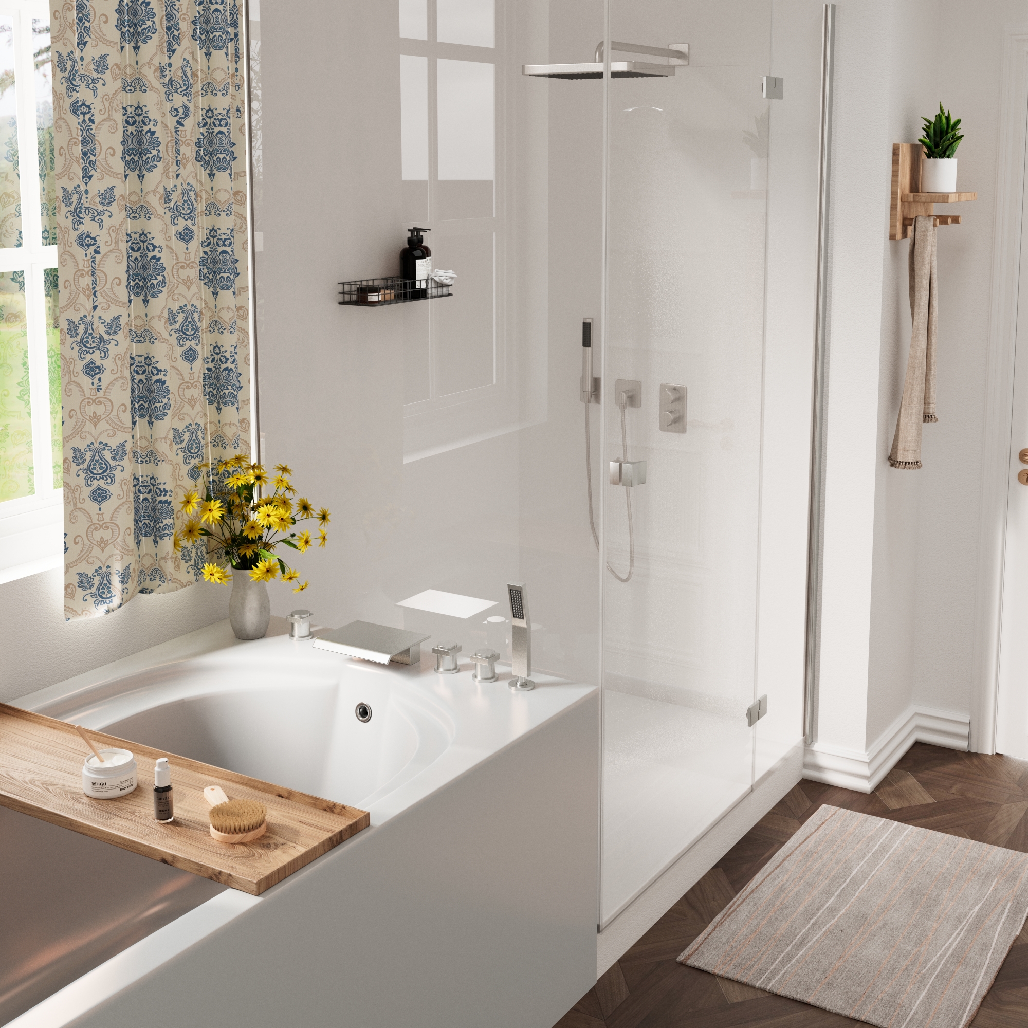 3-Handle 5 Holes Deck-Mounted Bathtub Faucet with Handheld Shower