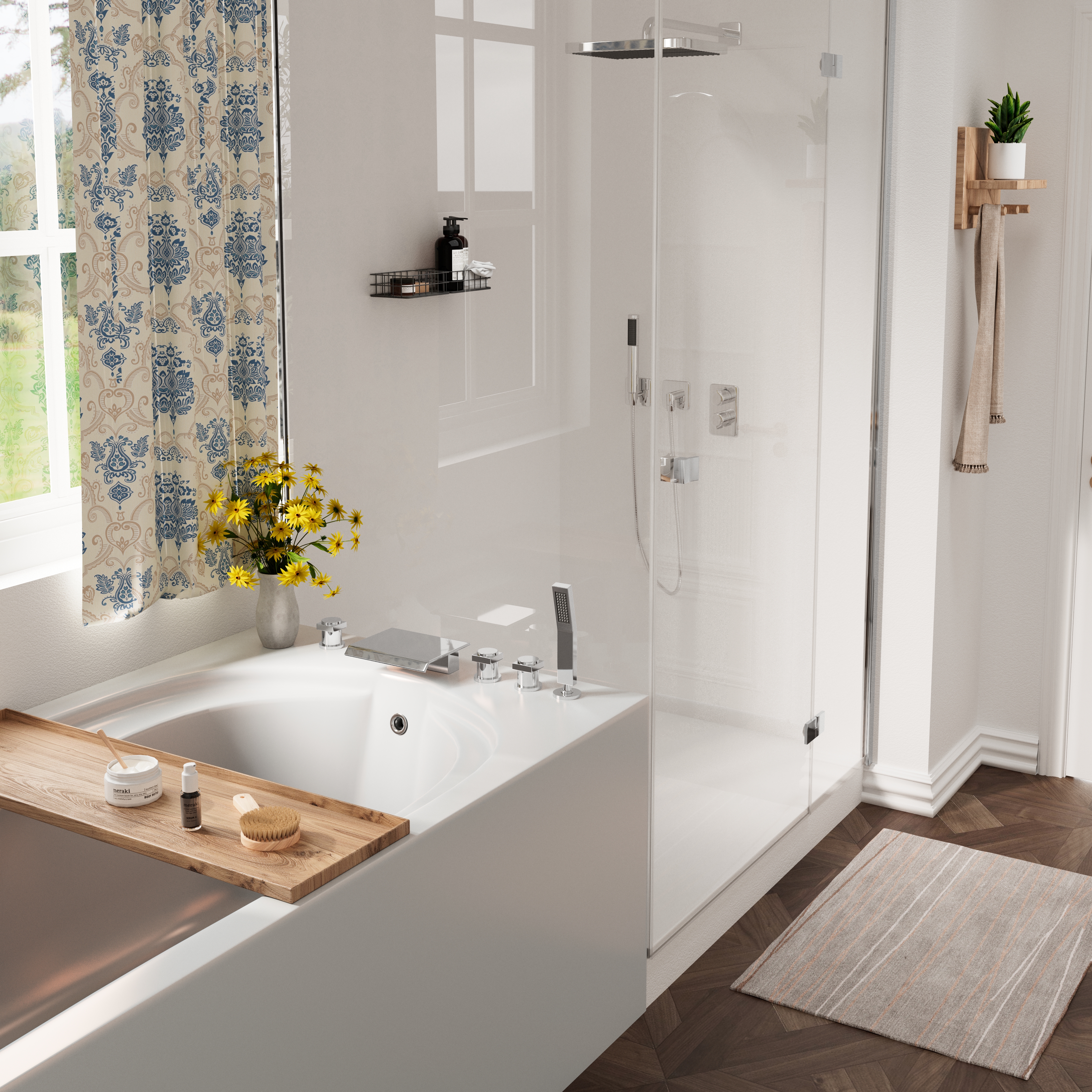 3-Handle 5 Holes Deck-Mounted Bathtub Faucet with Handheld Shower