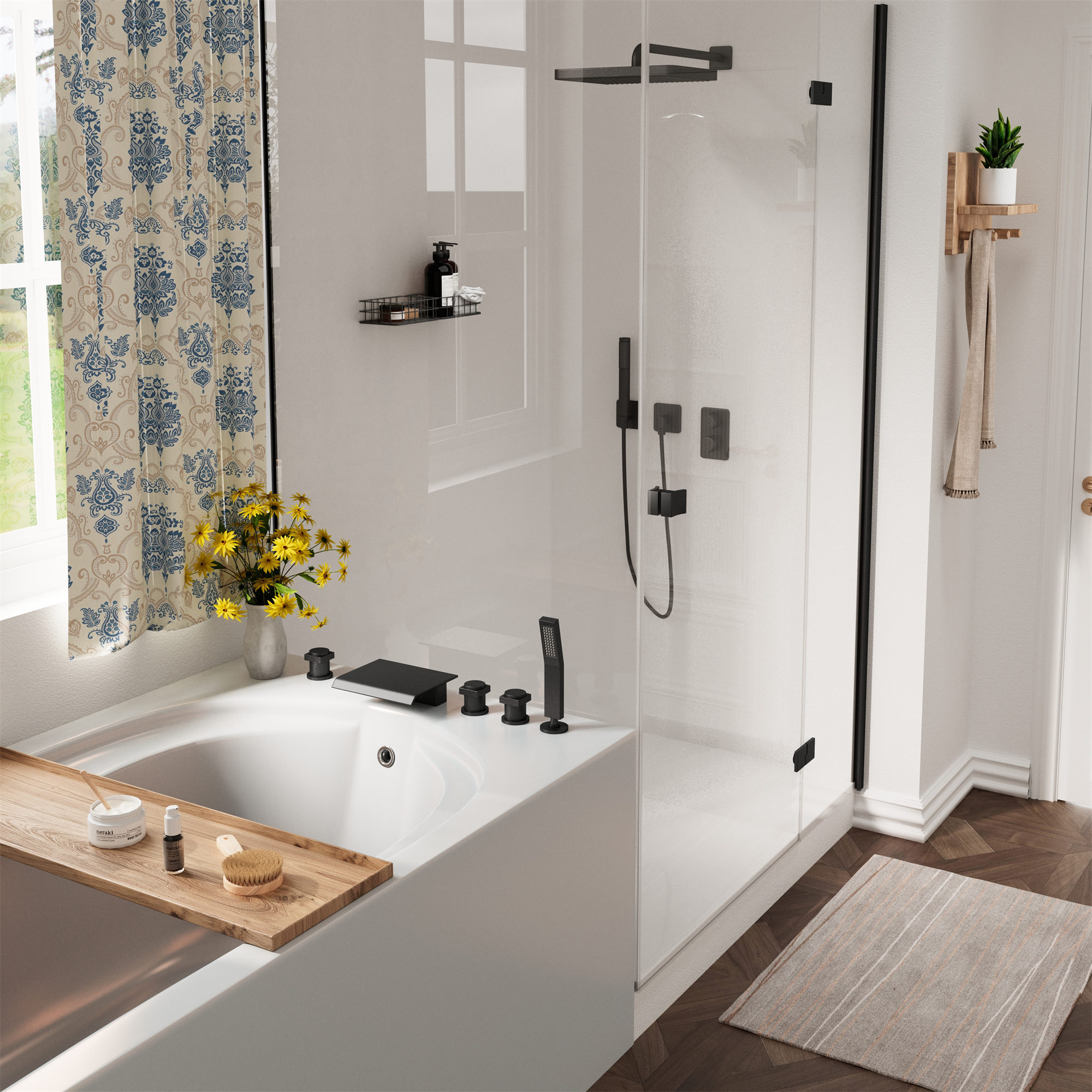 3-Handle 5 Holes Deck-Mounted Bathtub Faucet with Handheld Shower