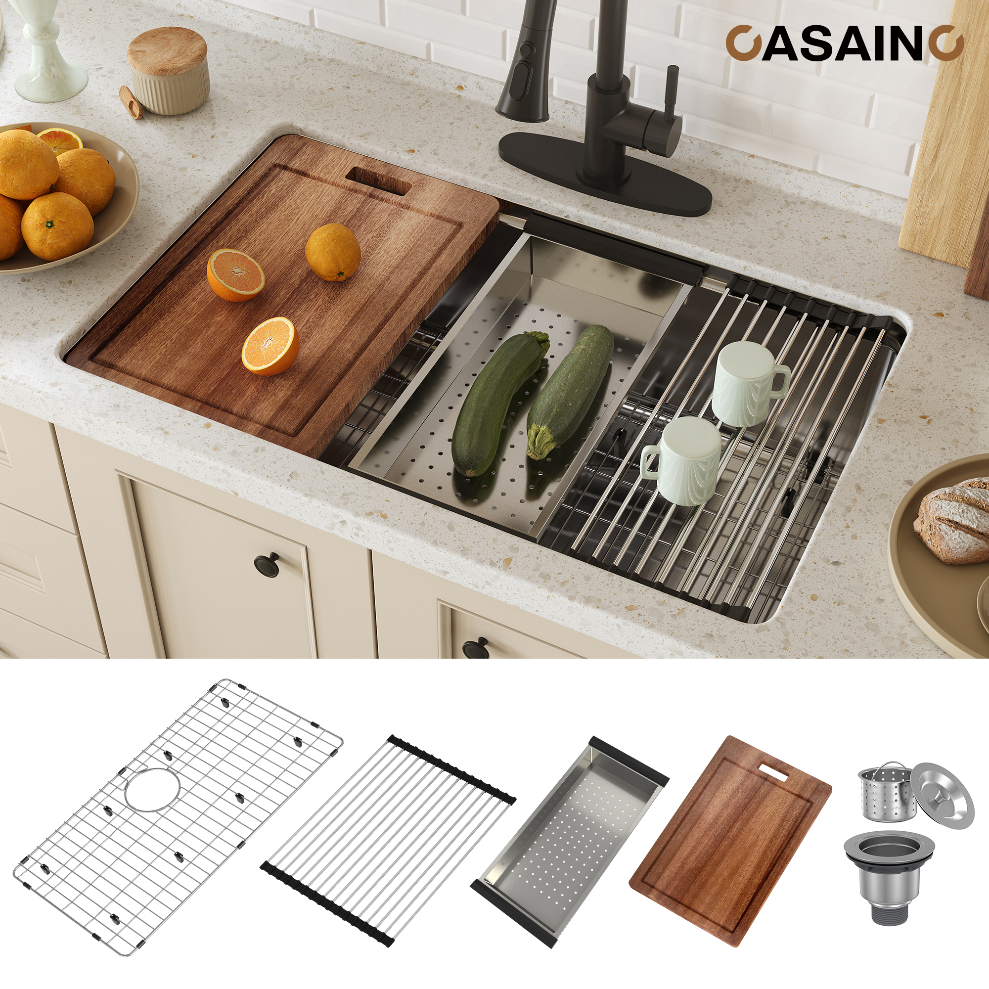 CASAINC 31 inch Stainless Steel Undermount Workstation Kitchen Sink