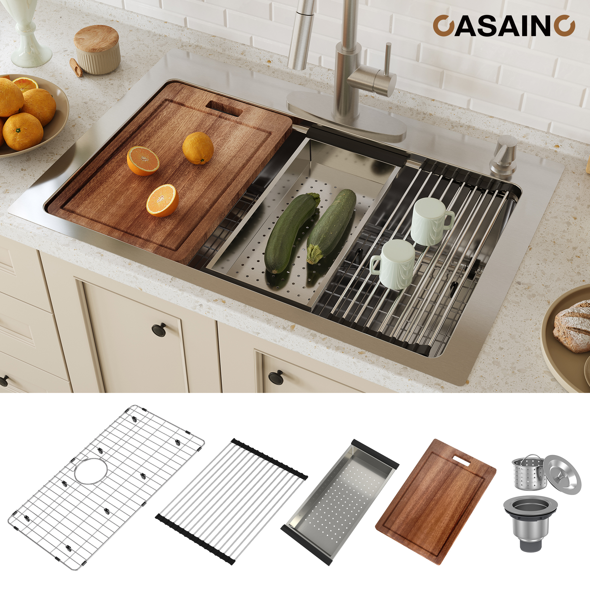 CASAINC 33 inch Stainless Steel Topmount Workstation Kitchen Sink