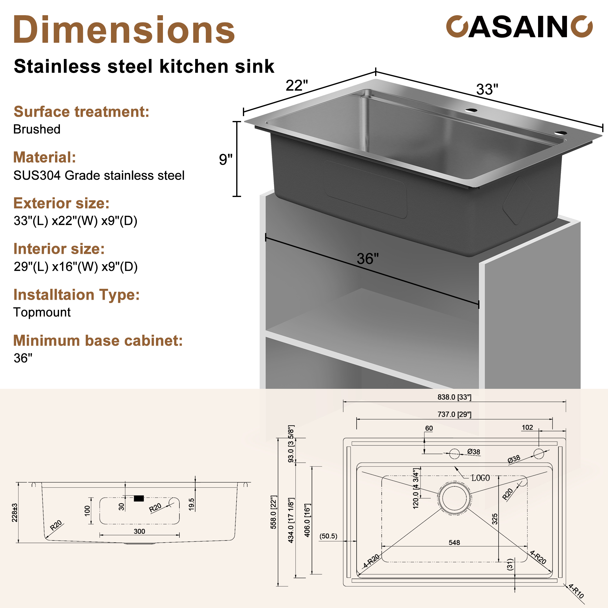 CASAINC 33 inch Stainless Steel Topmount Workstation Kitchen Sink