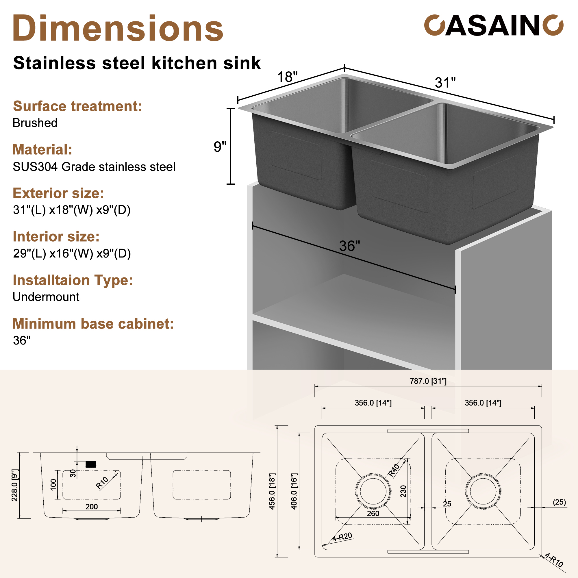 CASAINC 31 inch SUS304 Stainless Steel Double Bowl Undermount Workstation Kitchen Sink 18 gauge