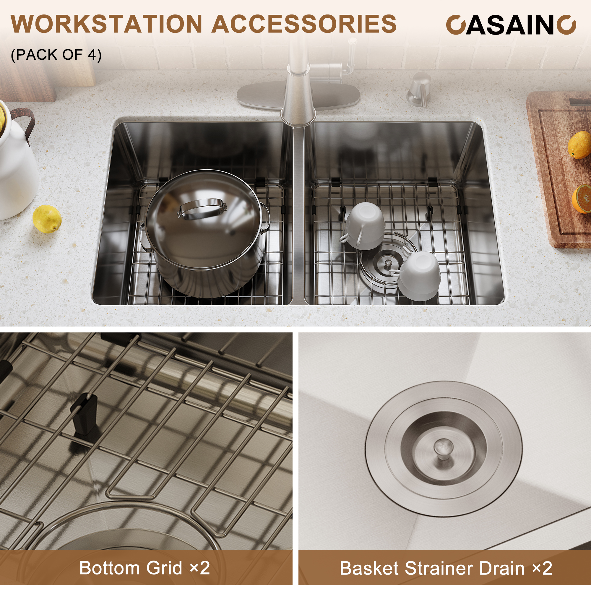 CASAINC 32 in. Undermount Double Bowl 18 Gauge Brushed Stainless Steel Kitchen Sink with Bottom Grid and Basket Strainer