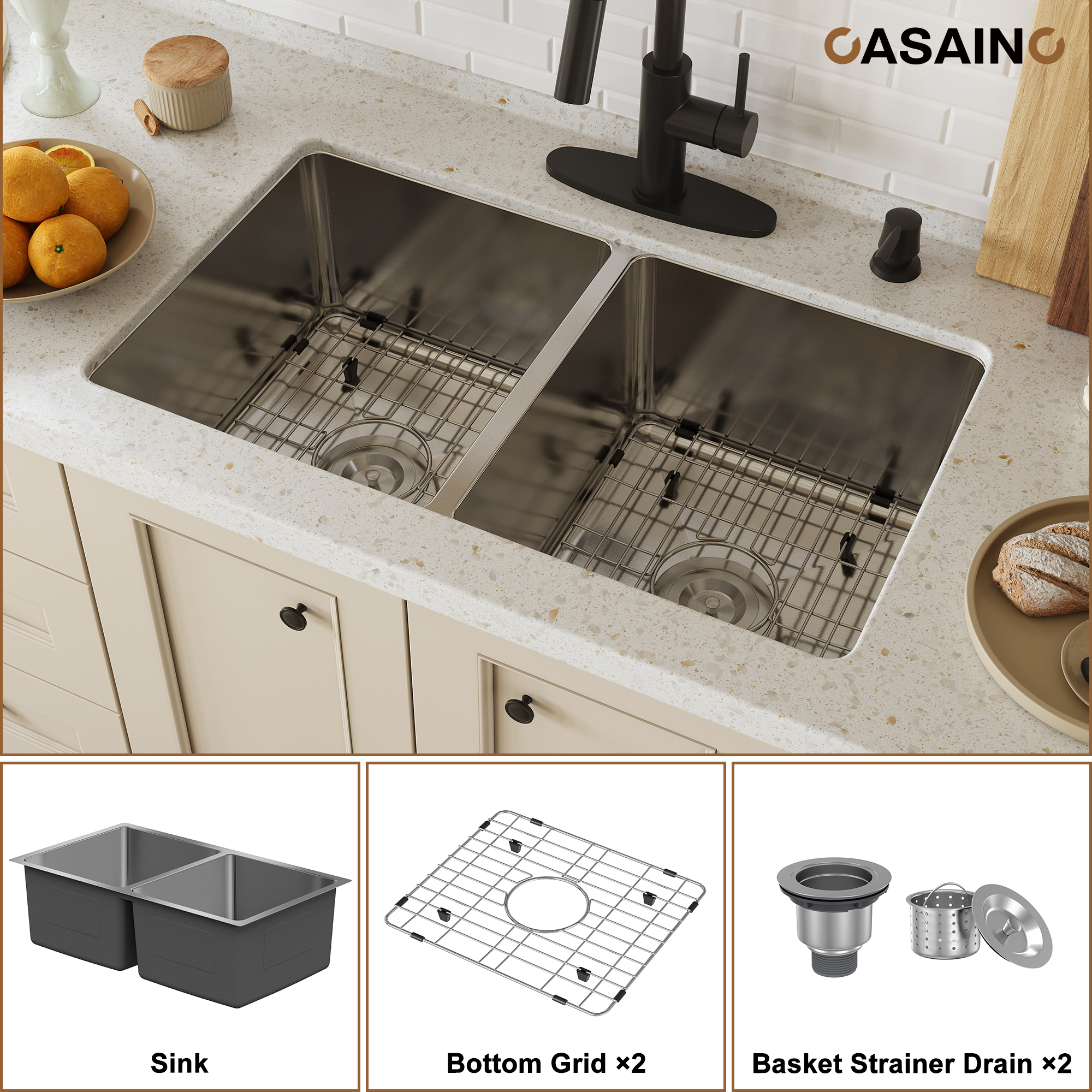 CASAINC 31 inch SUS304 Stainless Steel Double Bowl Undermount Workstation Kitchen Sink 18 gauge