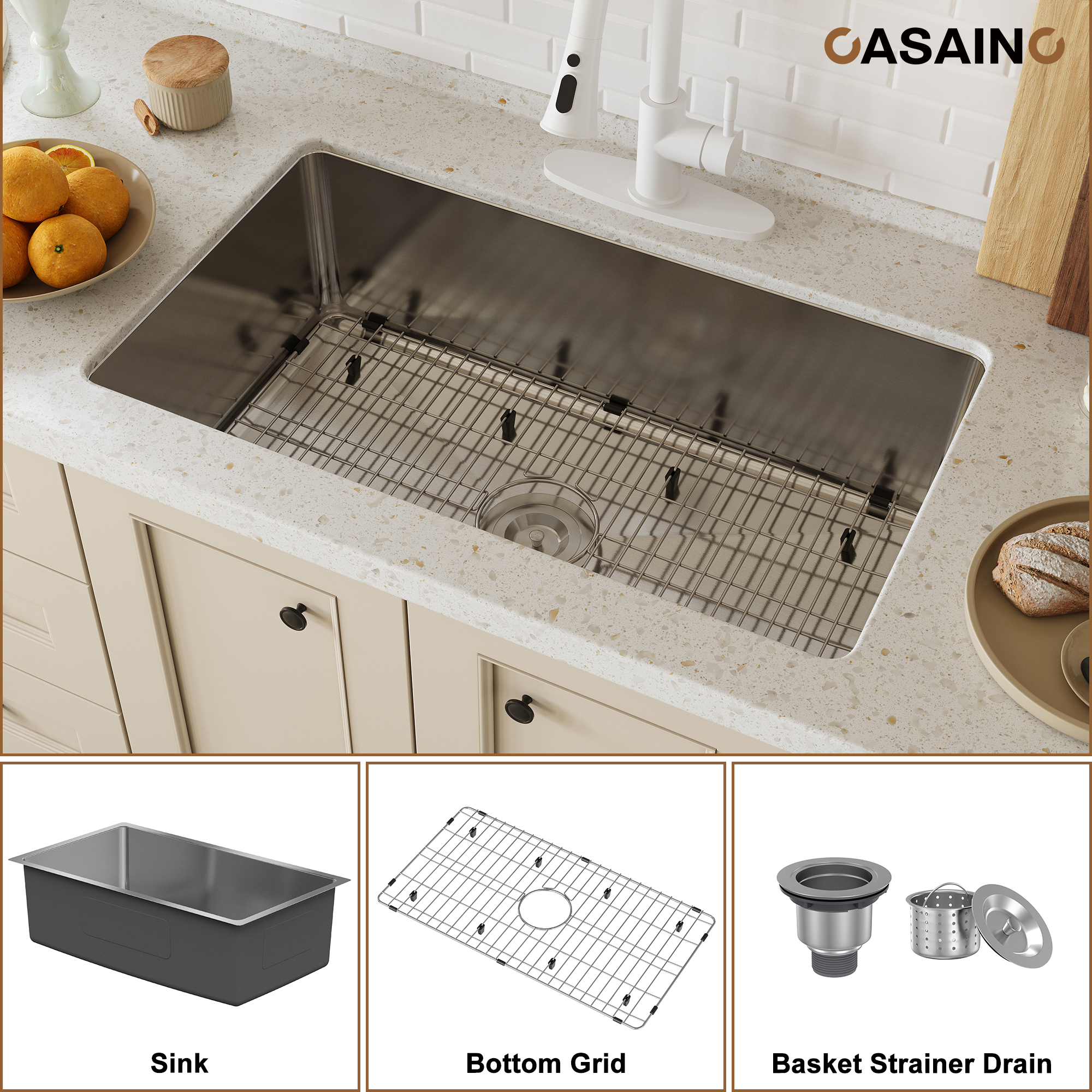 CASAINC 31 inch SUS304 Stainless Steel Undermount Workstation Kitchen Sink 18 gauge