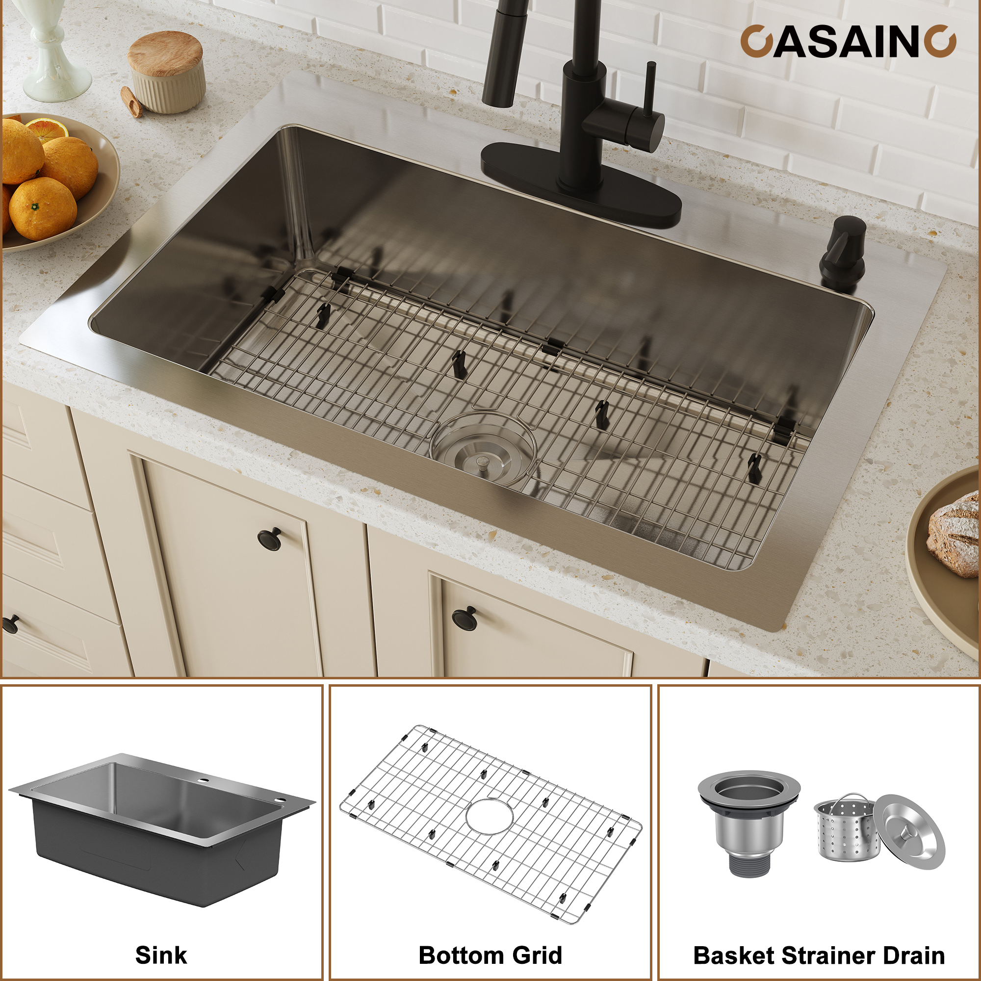 CASAINC 33 inch SUS304 Stainless Steel Topmount Workstation Kitchen Sink 18 gauge