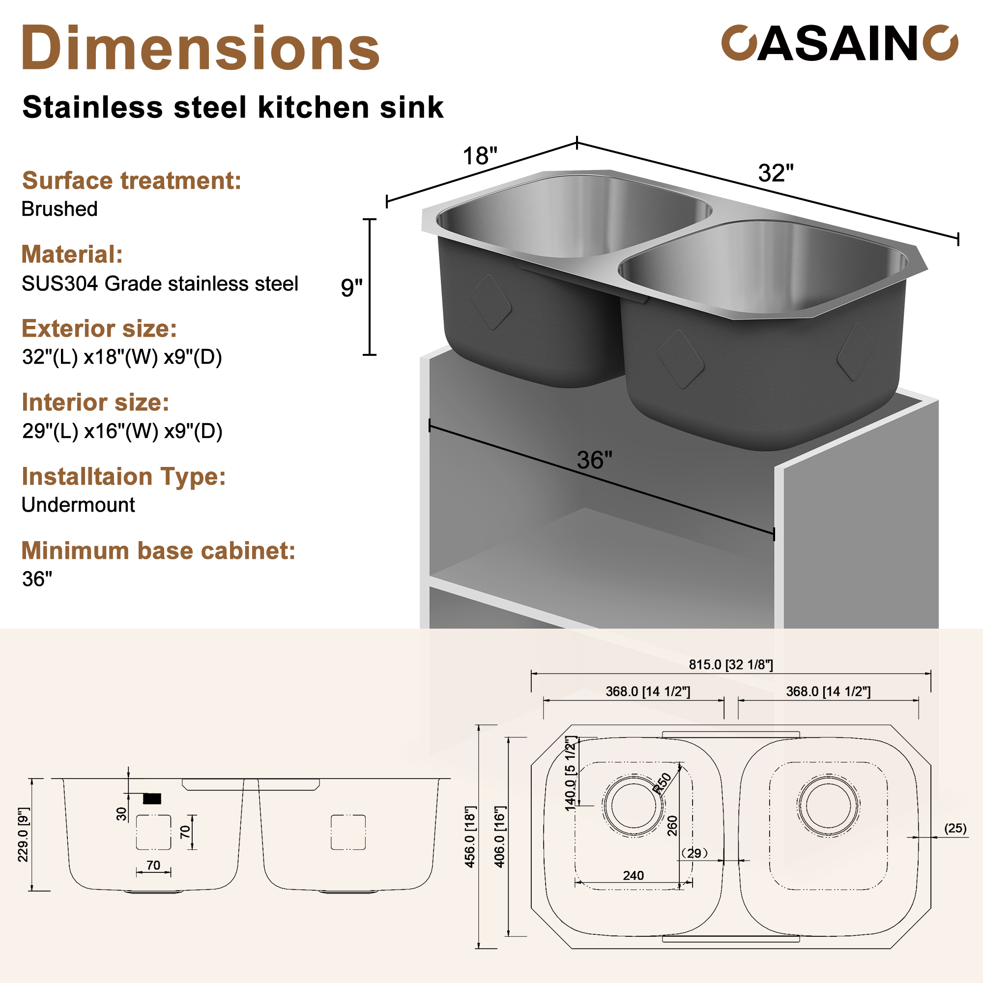 CASAINC 32 inch SUS304 Stainless Steel Double Bowl Undermount Workstation Kitchen Sink 18 gauge