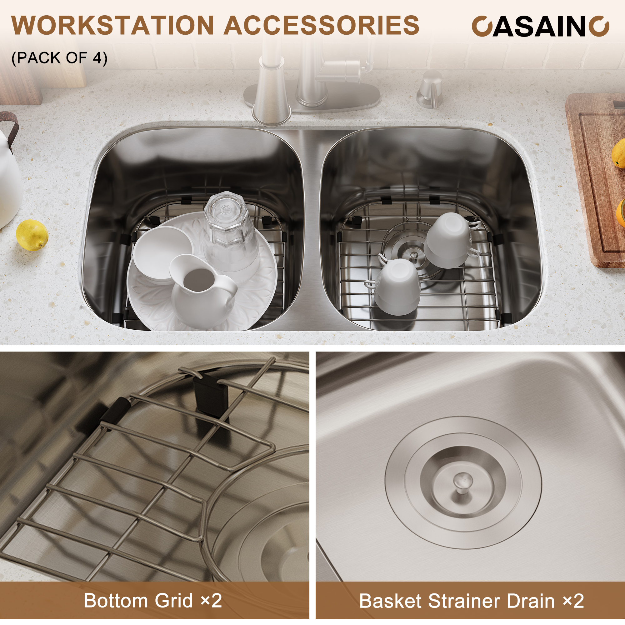 CASAINC 32 inch SUS304 Stainless Steel Double Bowl Undermount Workstation Kitchen Sink 18 gauge