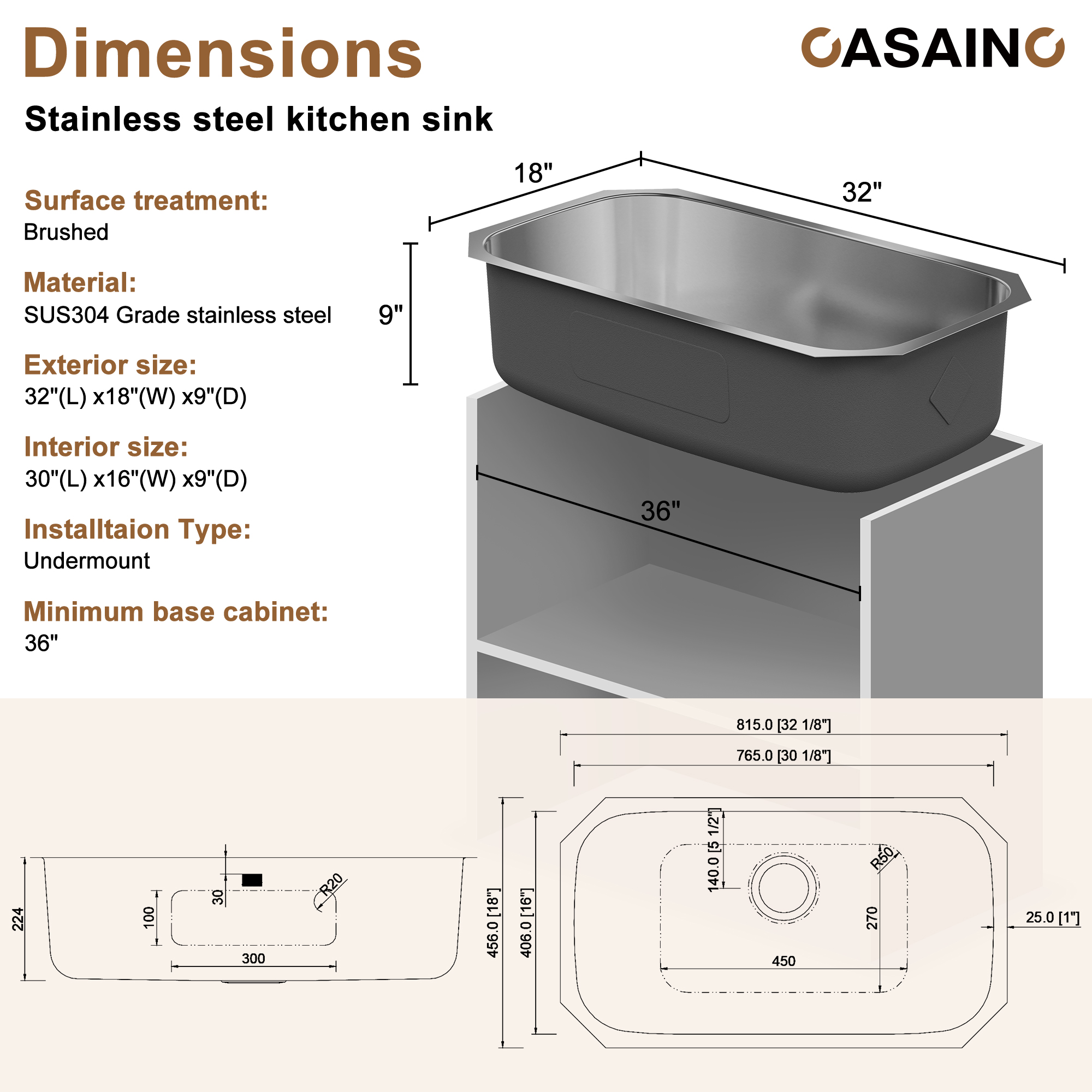 CASAINC 32 inch SUS304 Stainless Steel Single Bowl Undermount Workstation Kitchen Sink 18 gauge