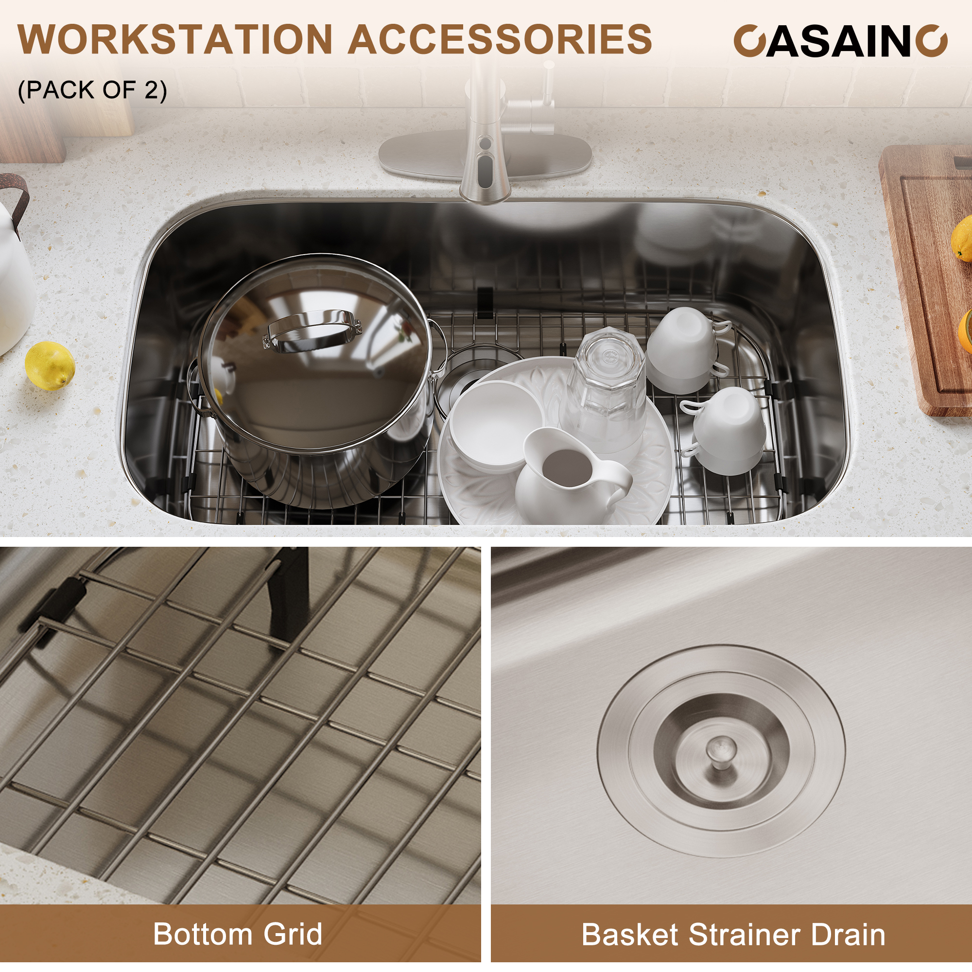 CASAINC 32 inch SUS304 Stainless Steel Single Bowl Undermount Workstation Kitchen Sink 18 gauge