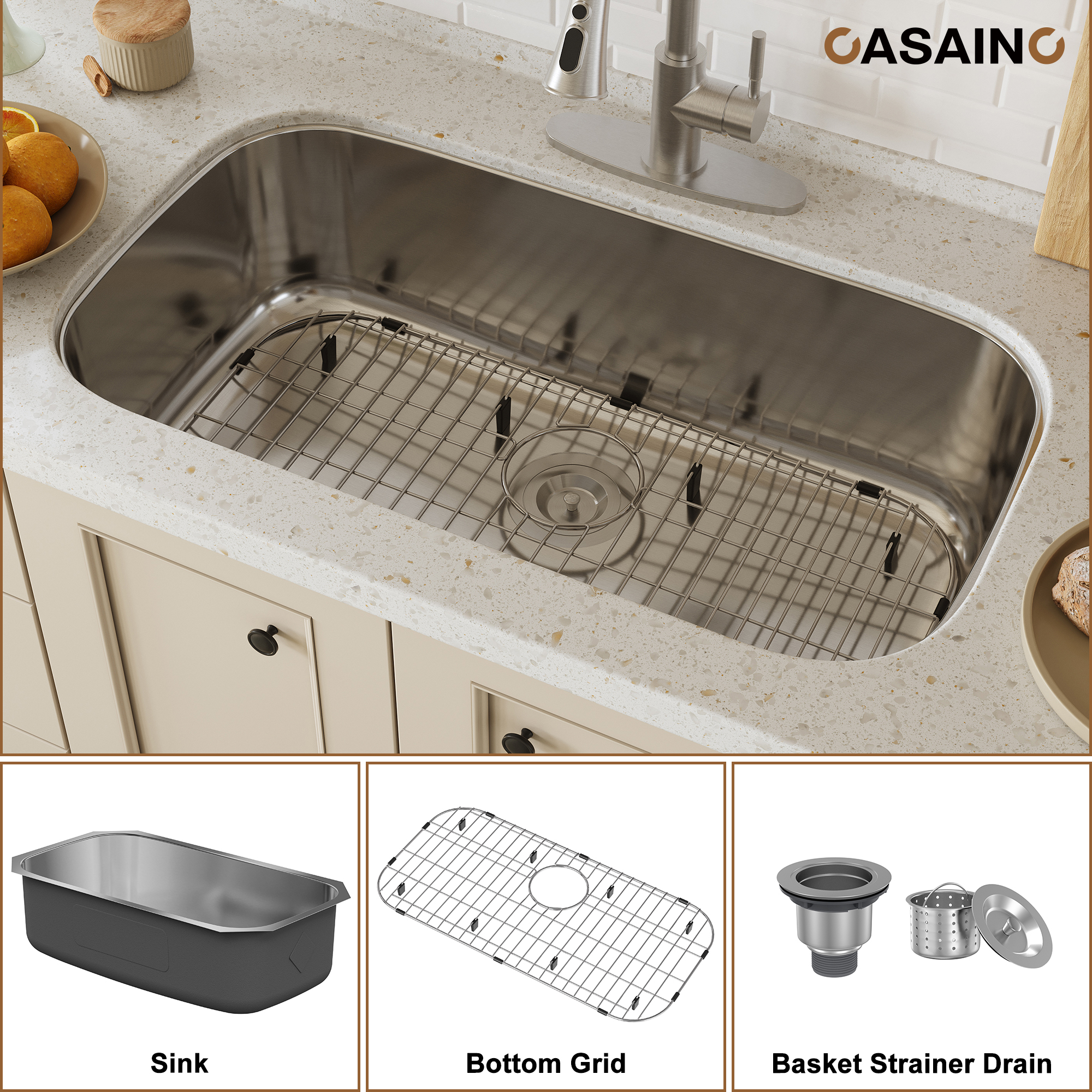 CASAINC 32 inch SUS304 Stainless Steel Single Bowl Undermount Workstation Kitchen Sink 18 gauge