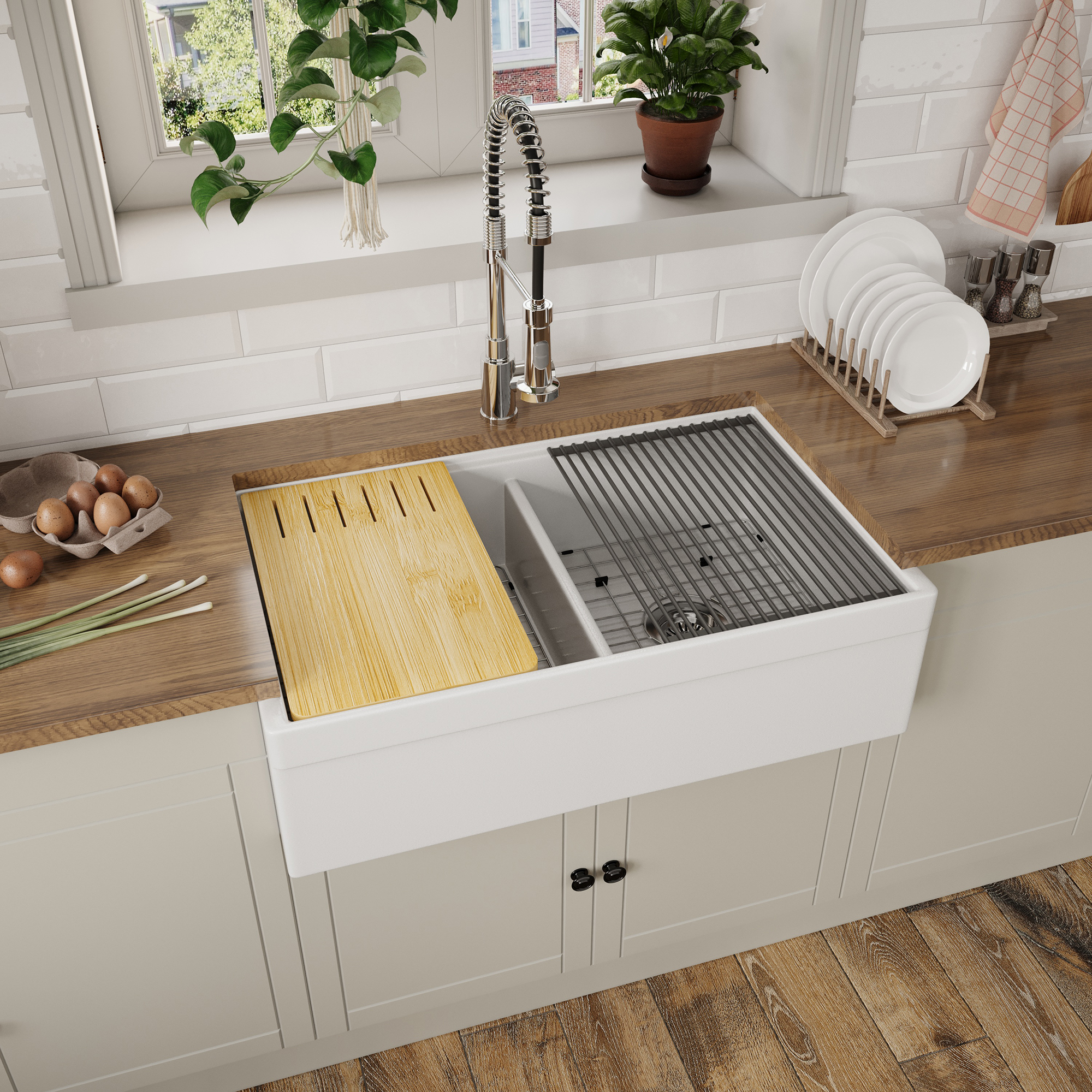 White 33-Inch Double Bowl Fireclay Farmhouse Sink Glossy Apron Front Kitchen Sink