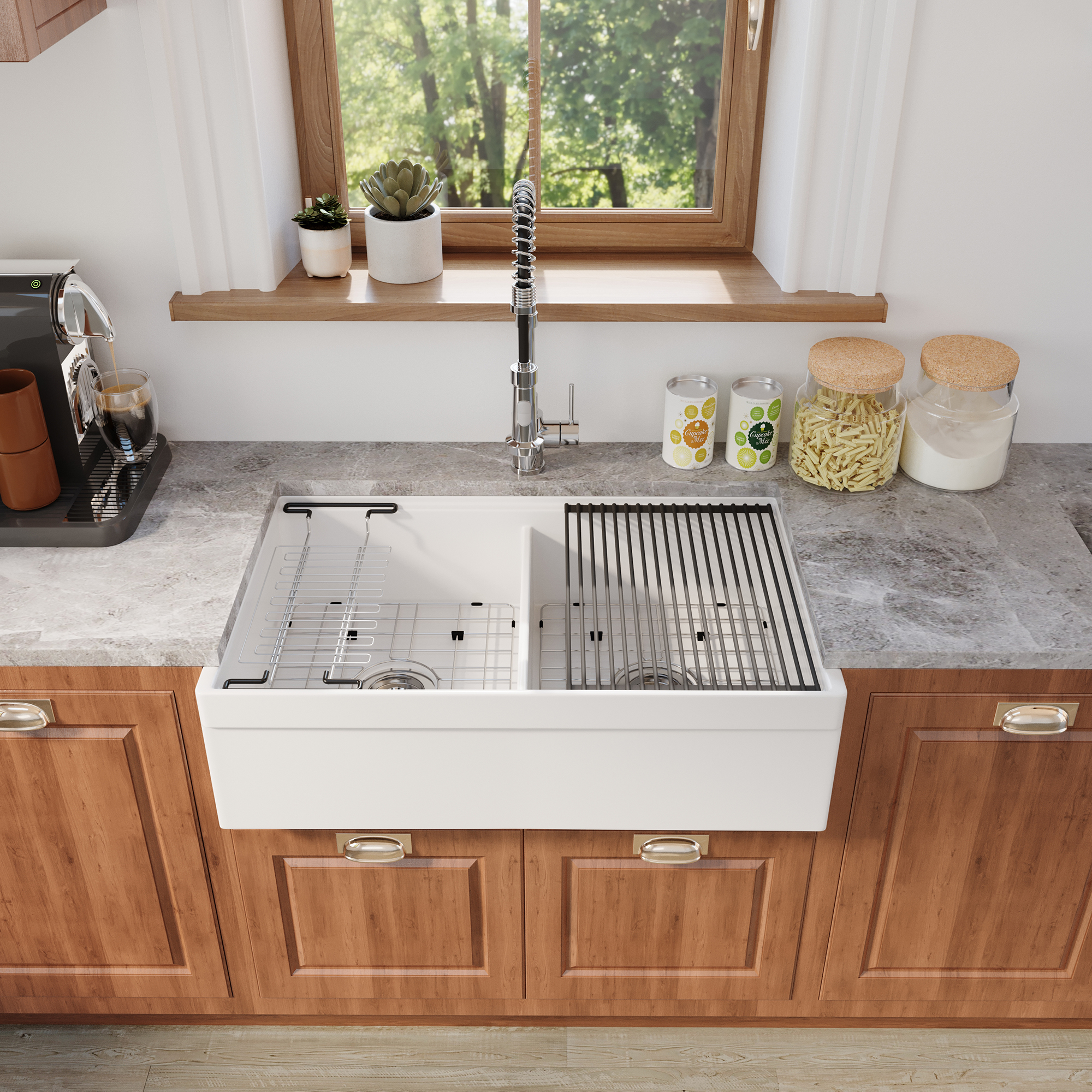 White 33-Inch Double Bowl Fireclay Farmhouse Sink Glossy Apron Front Kitchen Sink