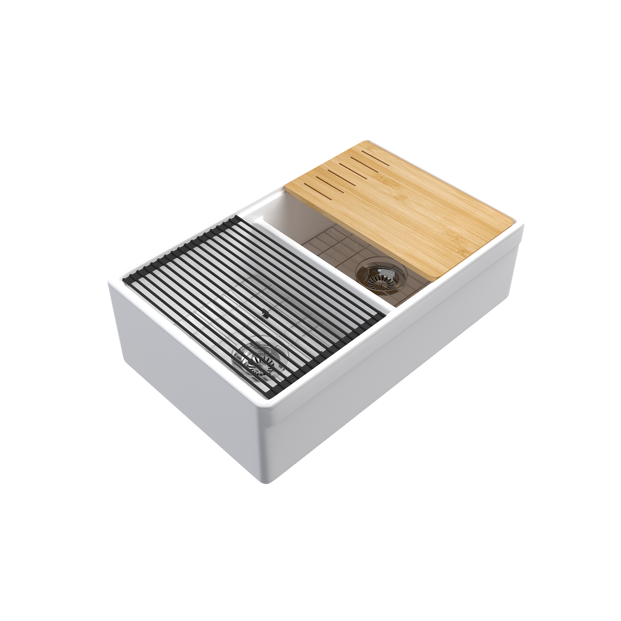 White 33-Inch Double Bowl Fireclay Farmhouse Sink Glossy Apron Front Kitchen Sink