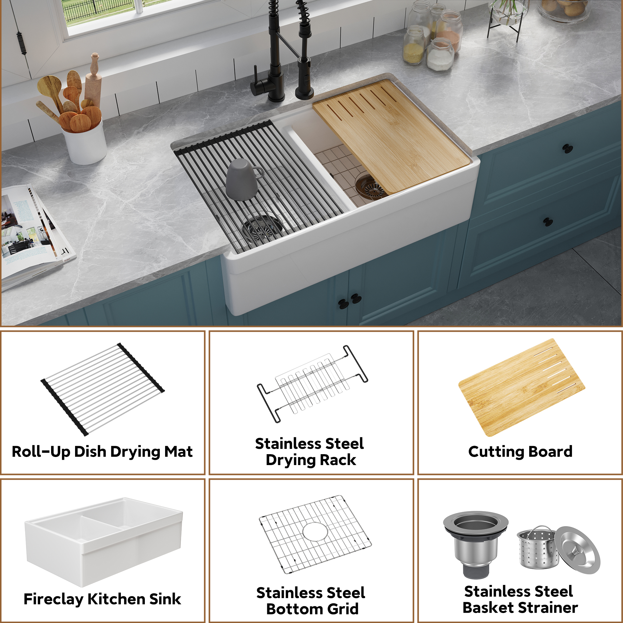 White 33-Inch Double Bowl Fireclay Farmhouse Sink Glossy Apron Front Kitchen Sink