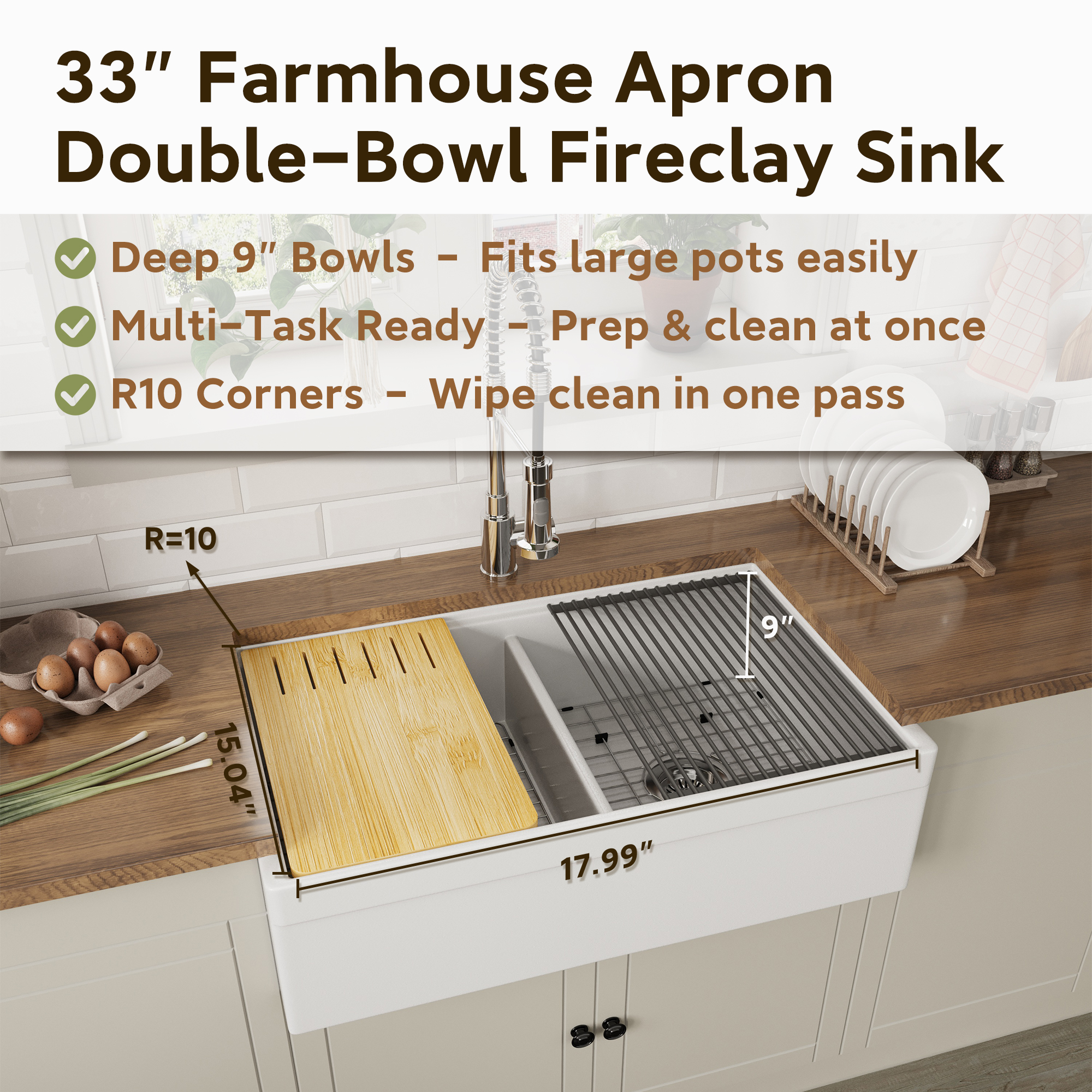 White 33-Inch Double Bowl Fireclay Farmhouse Sink Glossy Apron Front Kitchen Sink