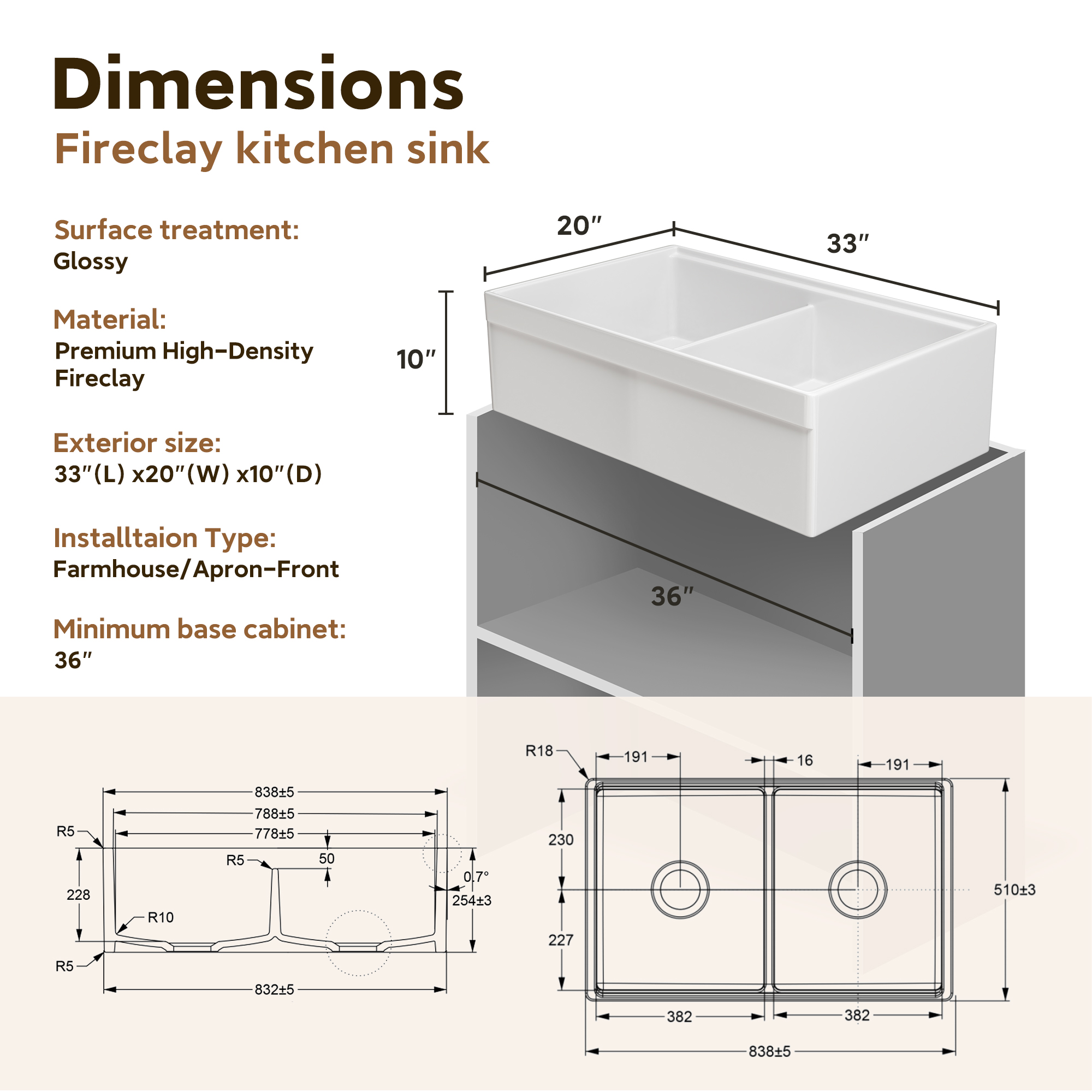 White 33-Inch Double Bowl Fireclay Farmhouse Sink Glossy Apron Front Kitchen Sink