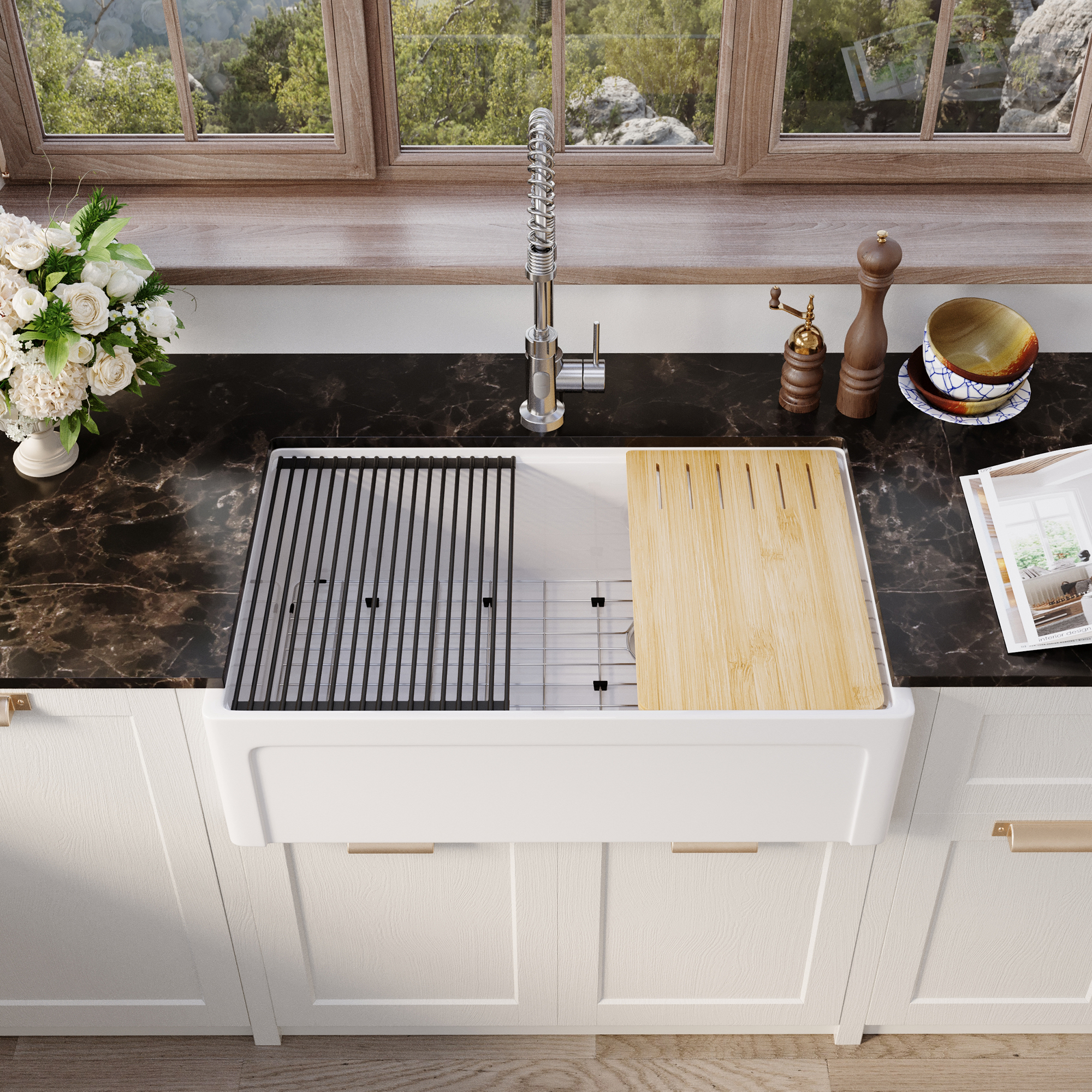 33 Inch Single Bowl White Fireclay Farmhouse Kitchen Sink Glossy Apron Front