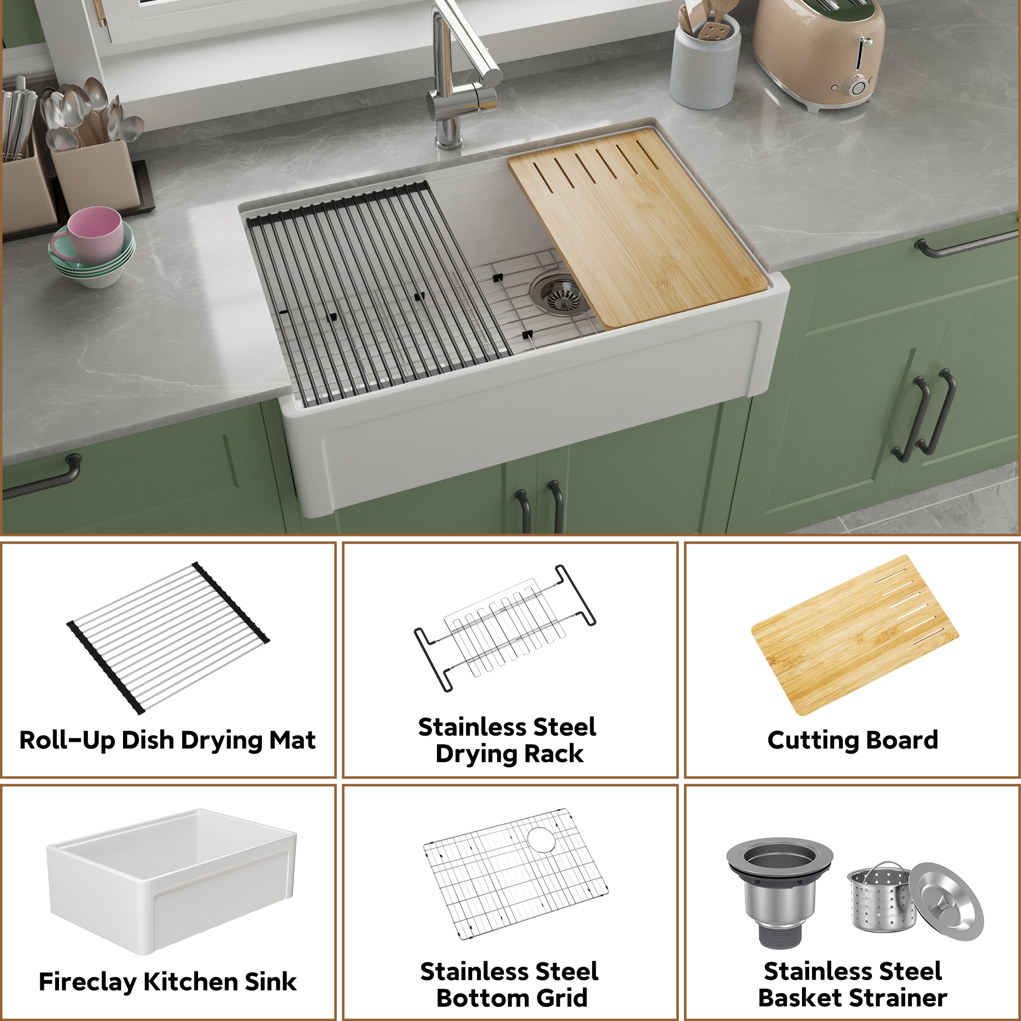 33 Inch Single Bowl White Fireclay Farmhouse Kitchen Sink Glossy Apron Front