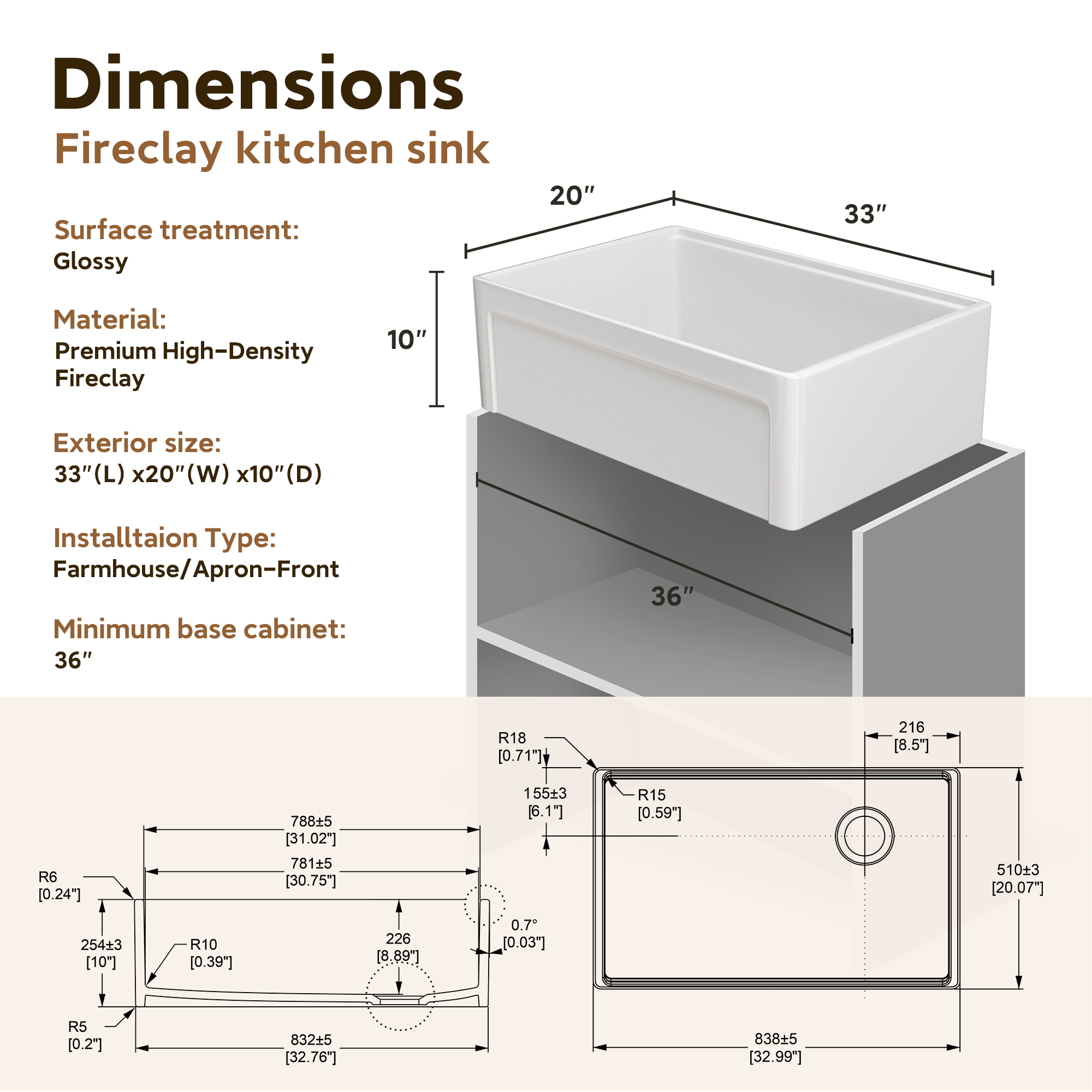 33 Inch Single Bowl White Fireclay Farmhouse Kitchen Sink Glossy Apron Front
