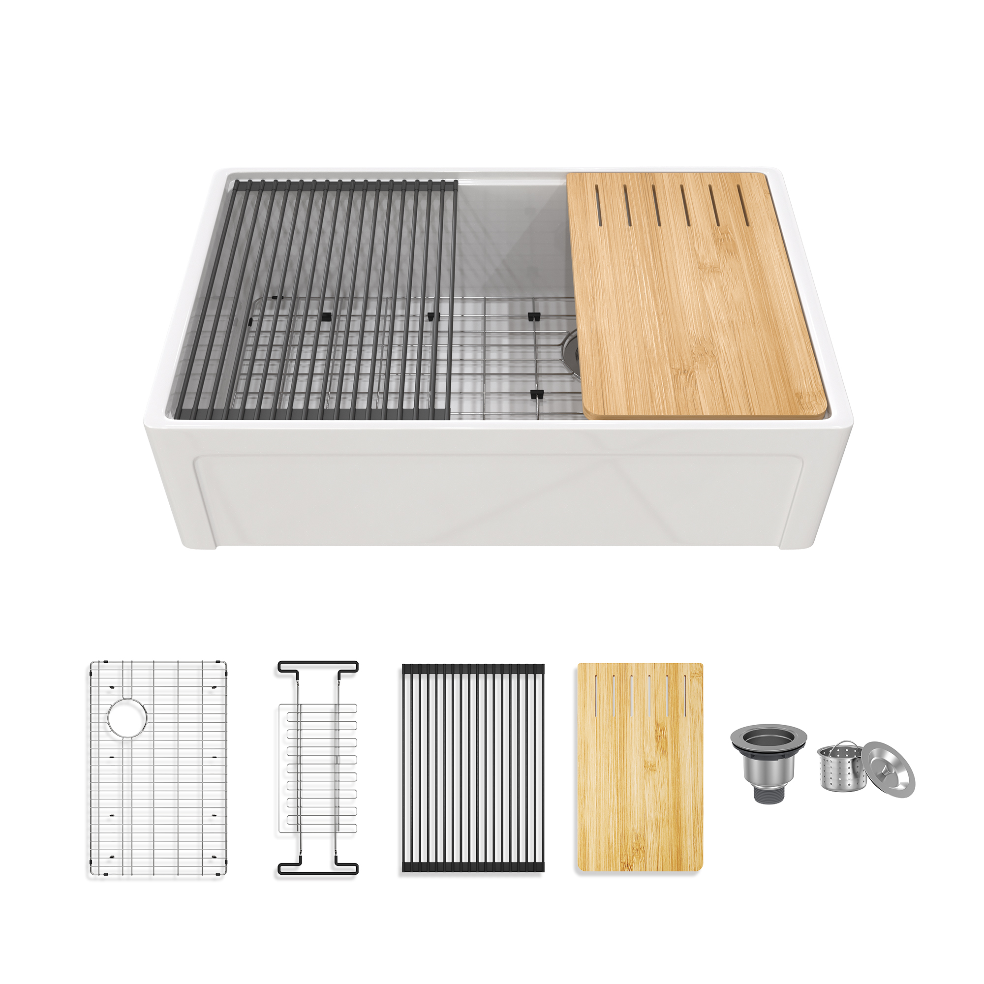 33 Inch Single Bowl White Fireclay Farmhouse Kitchen Sink Glossy Apron Front