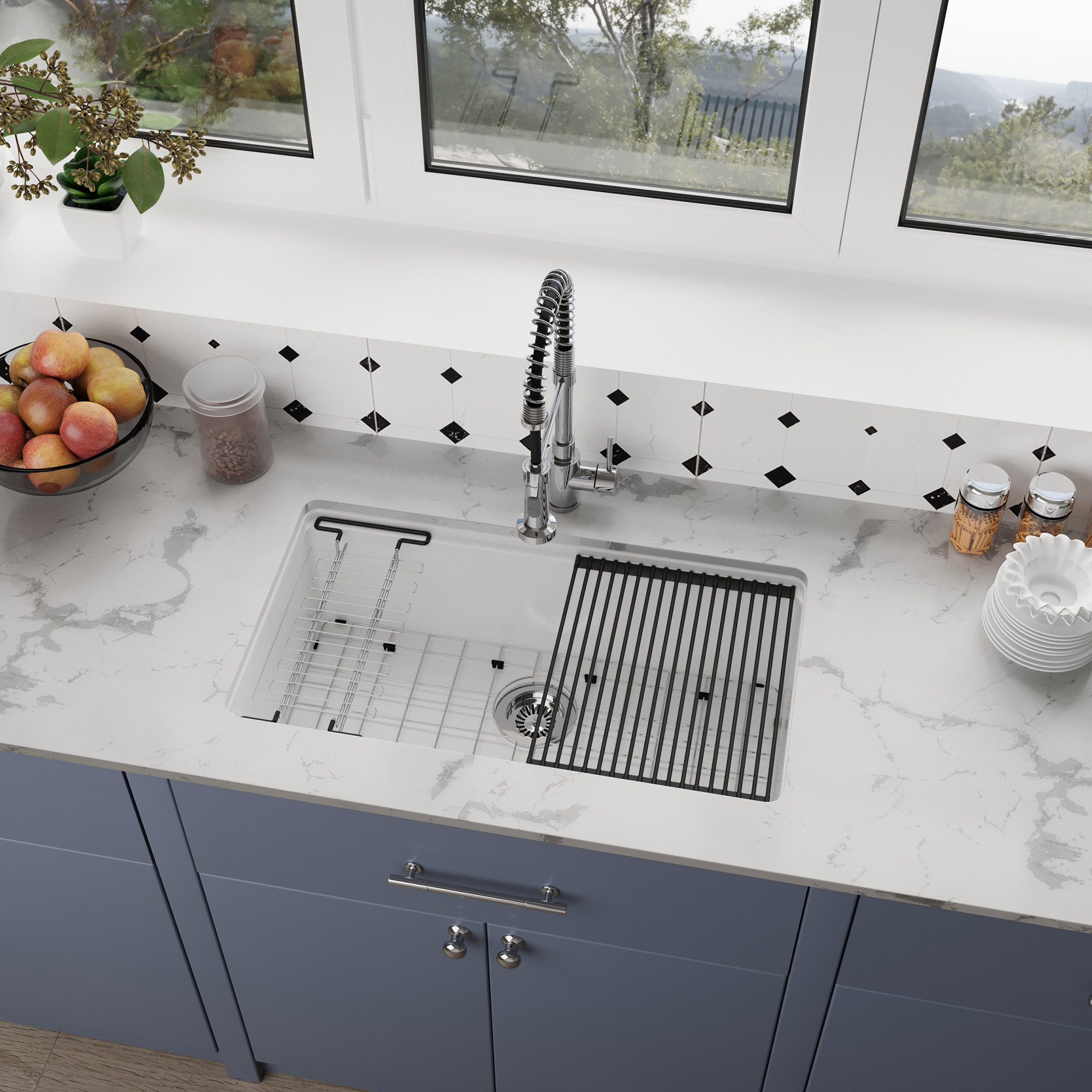 33 Inch White Fireclay Kitchen Sink Undermount Single Bowl with Sleek Glossy Finish