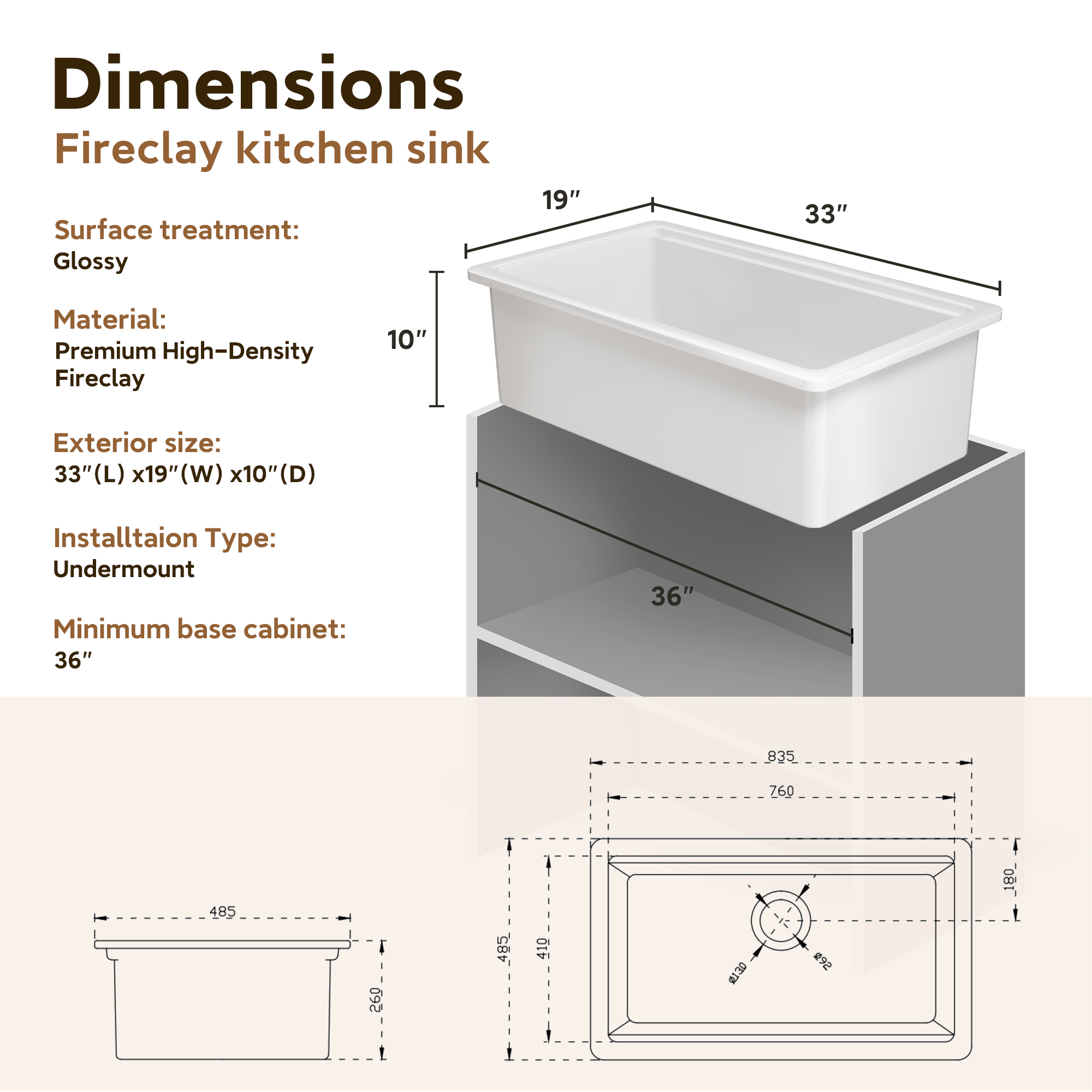 33 Inch White Fireclay Kitchen Sink Undermount Single Bowl with Sleek Glossy Finish