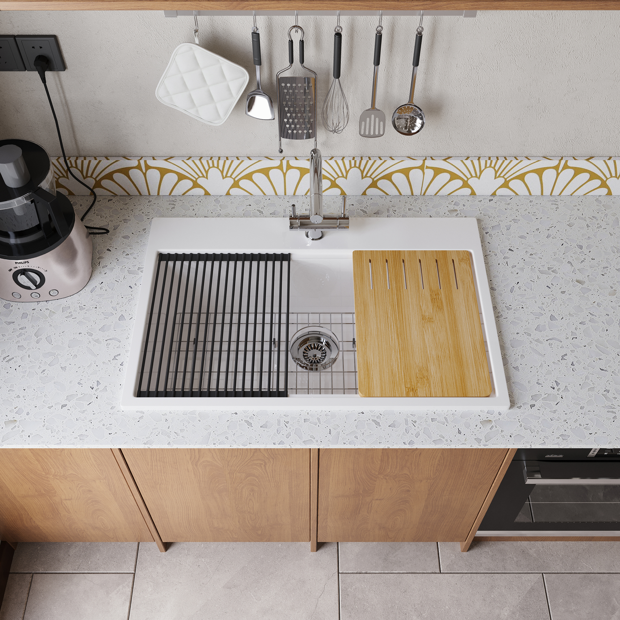 33-Inch Fireclay Top-Mount Farmhouse Sink with Workstation Accessories