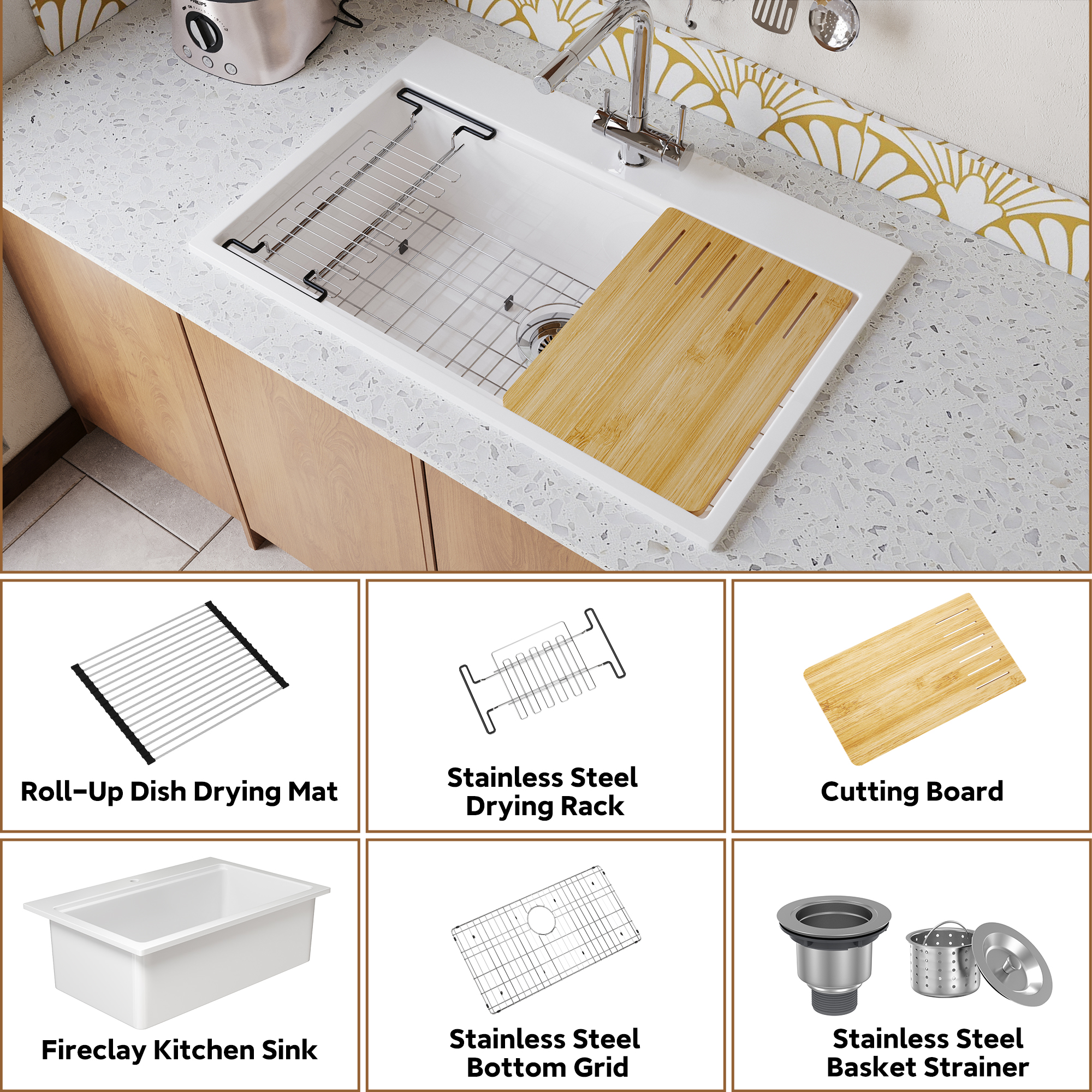 33-Inch Fireclay Top-Mount Farmhouse Sink with Workstation Accessories