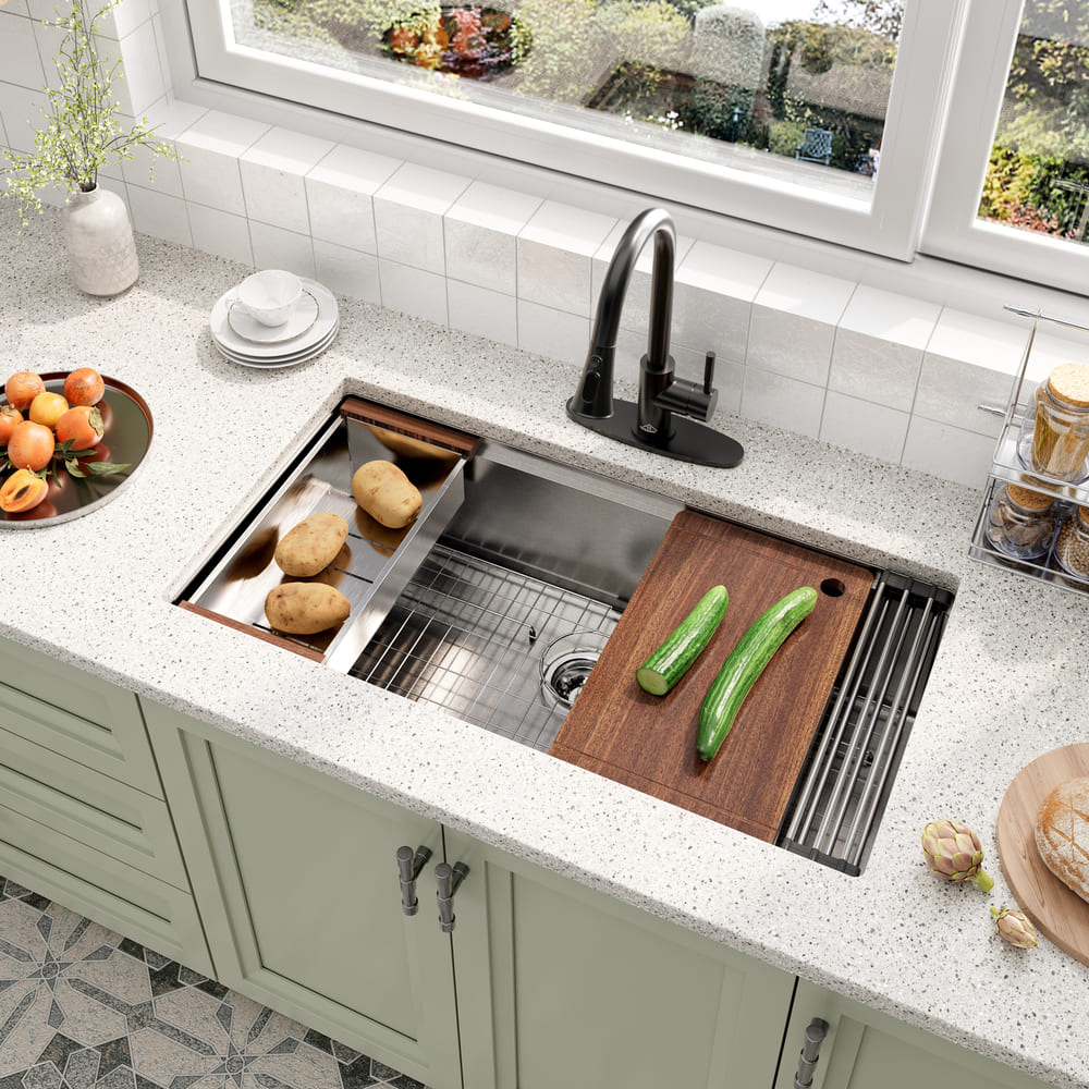 copy Stainless Steel Workstation Sink & Faucet Set black