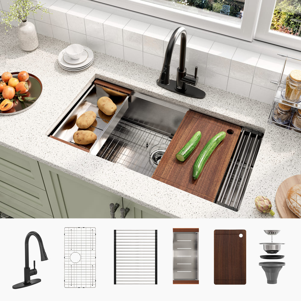 copy Stainless Steel Workstation Sink & Faucet Set black