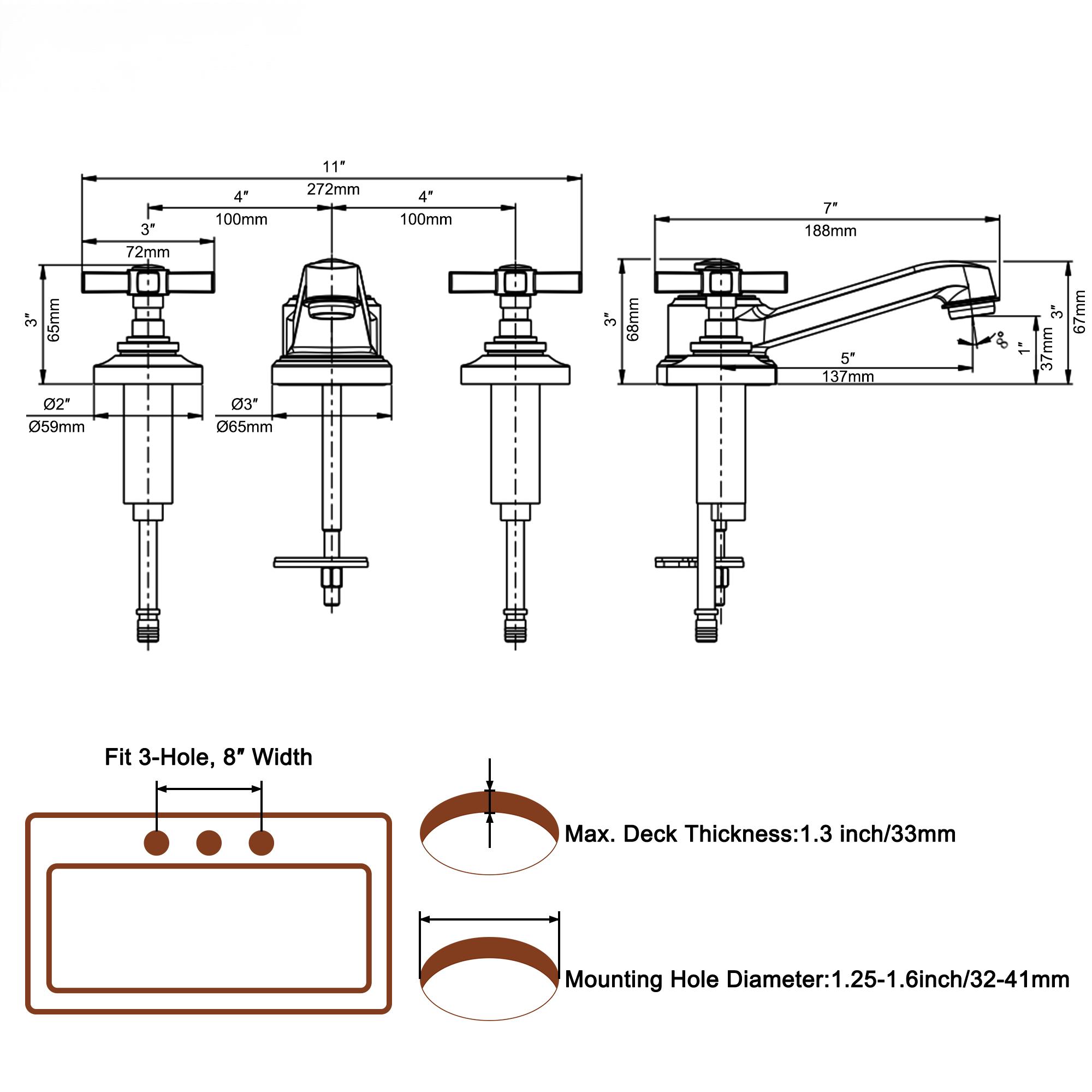 8" 3-Hole Brushed Gold Widespread Bathroom Sink Faucet with 2 Handles