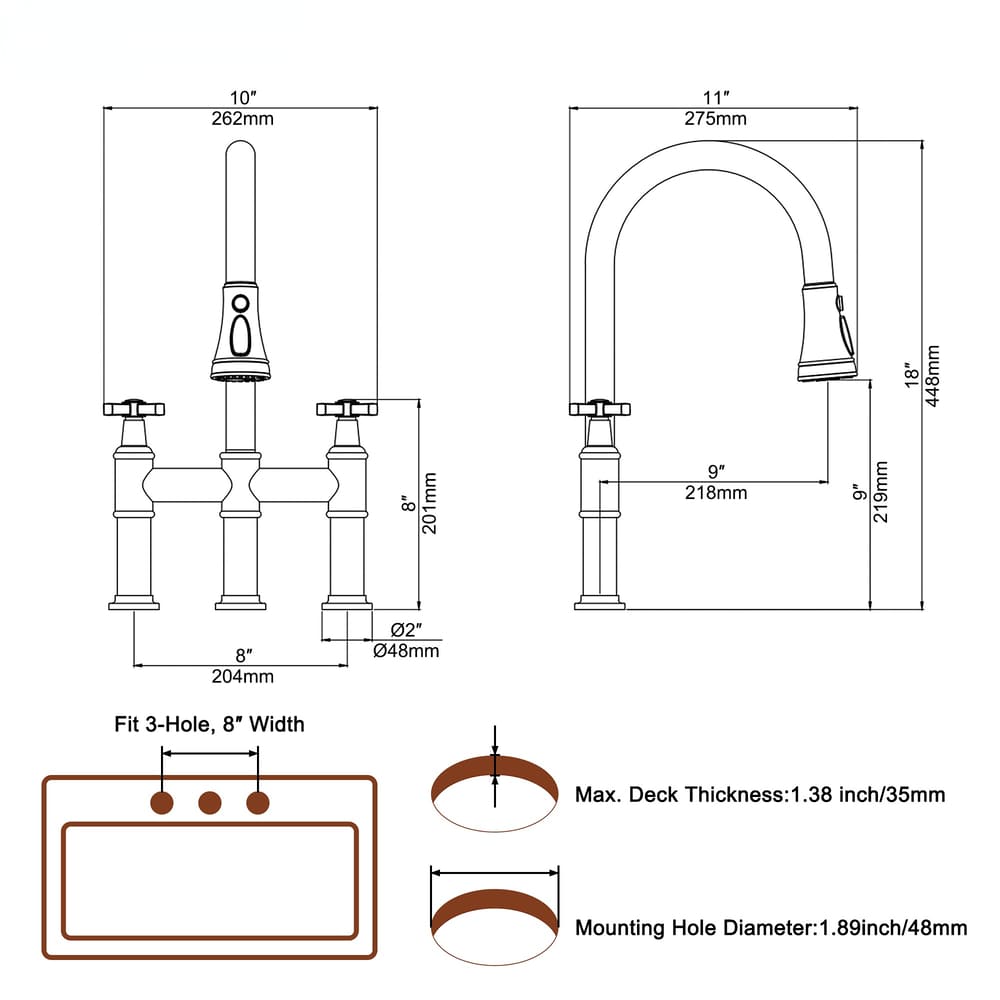 2 Handle 3-Hole Widespread Kitchen Faucet with 3-Mode Aerator and 360° Swivel Spout