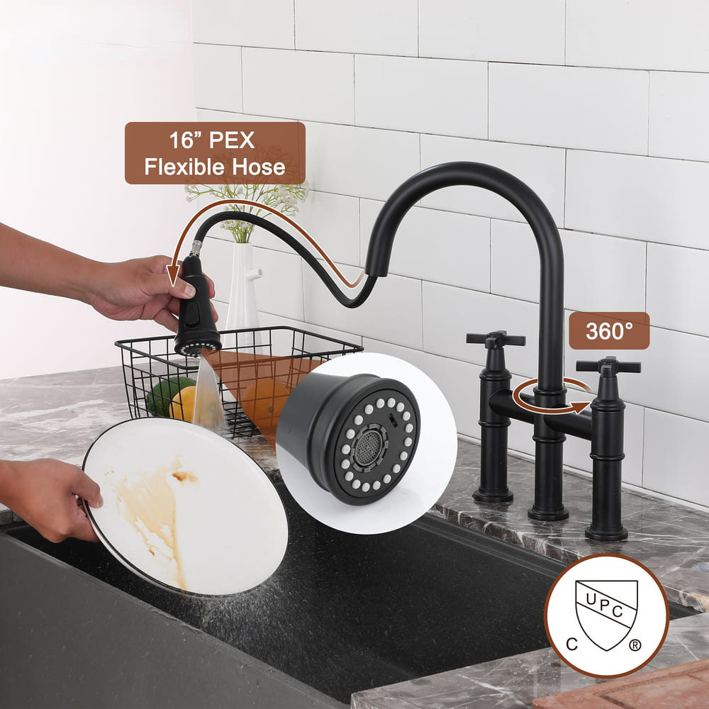 2 Handle 3-Hole Widespread Kitchen Faucet with 3-Mode Aerator and 360° Swivel Spout