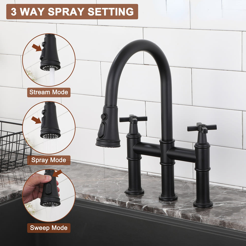 2 Handle 3-Hole Widespread Kitchen Faucet with 3-Mode Aerator and 360° Swivel Spout