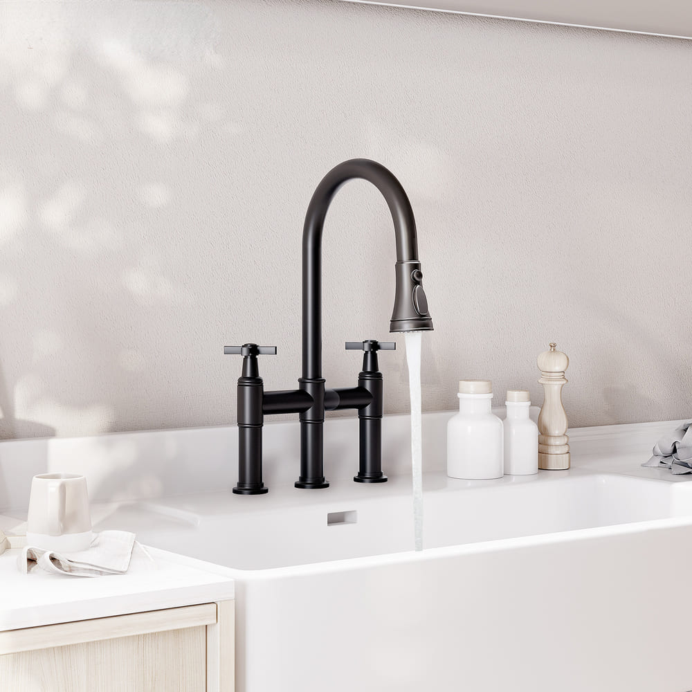 2 Handle 3-Hole Widespread Kitchen Faucet with 3-Mode Aerator and 360° Swivel Spout