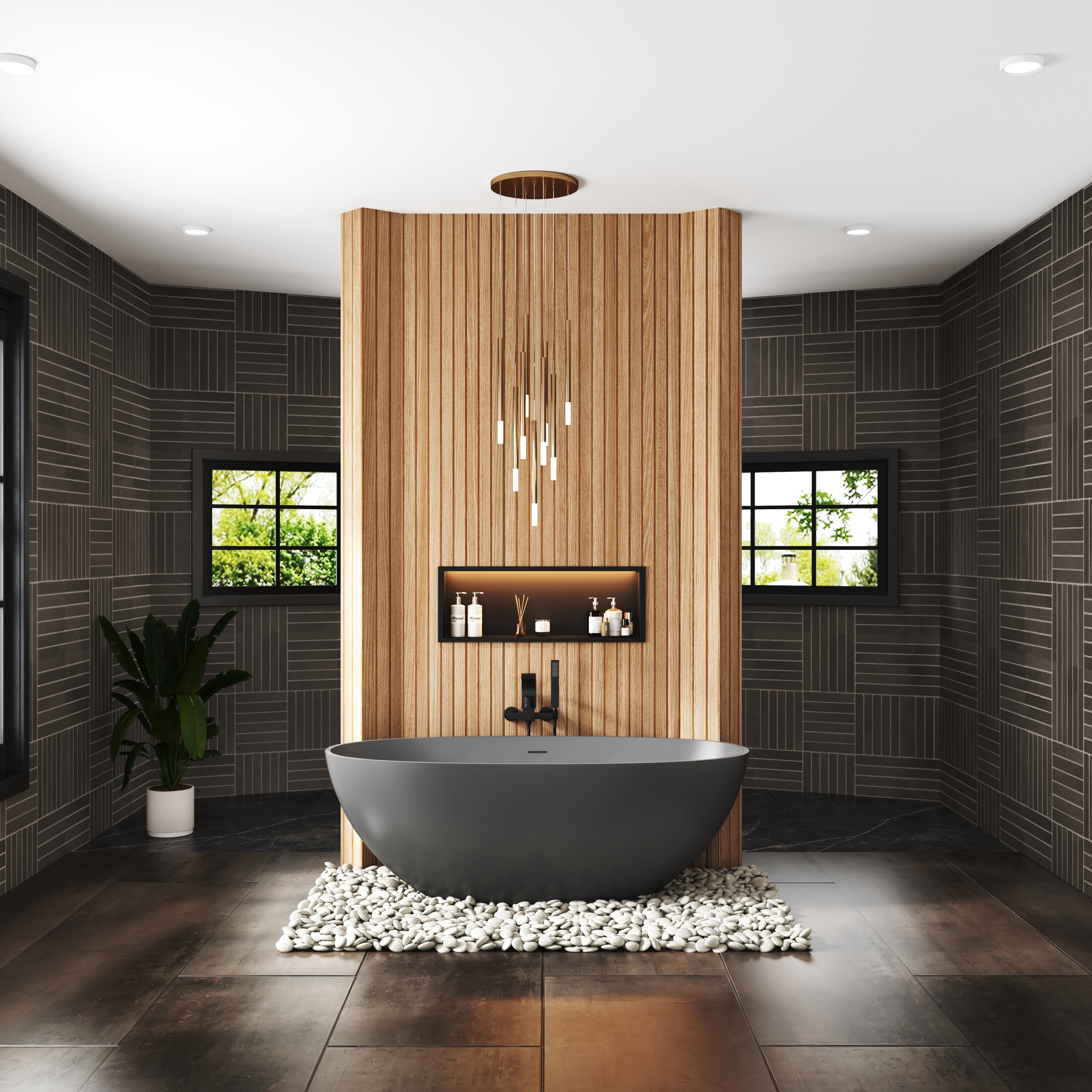 65" Luxurious Solid Surface Oval Freestanding Soaking Bathtub Matte Black, Matte Grey - Monaco