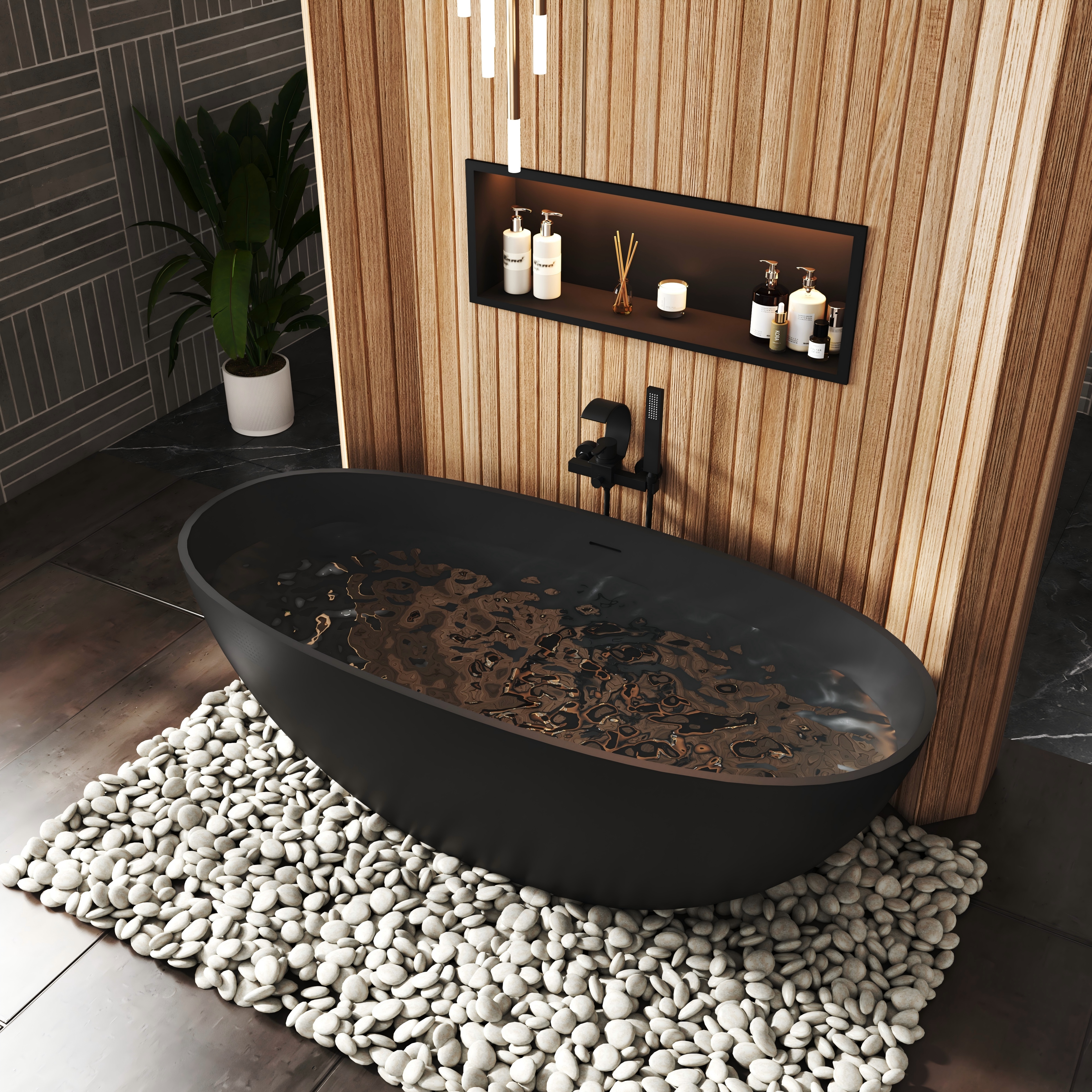 65" Luxurious Solid Surface Oval Freestanding Soaking Bathtub Matte Black, Matte Grey - Monaco