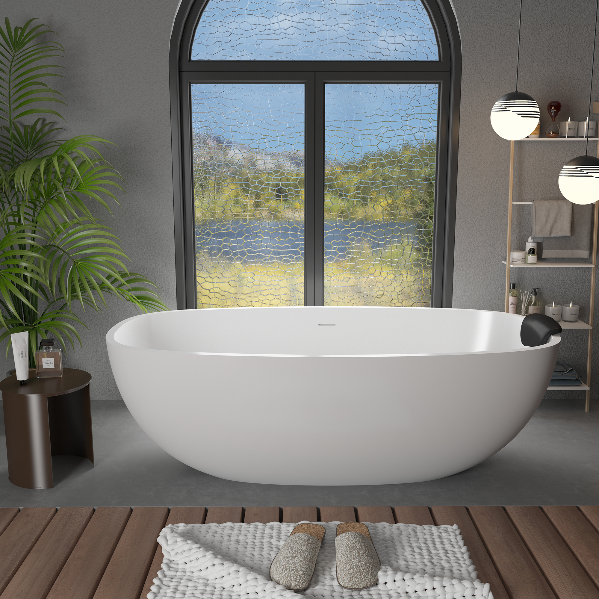 CASAINC 71" Matte White Stone Resin Adult Freestanding Soaking Tub with Cushions