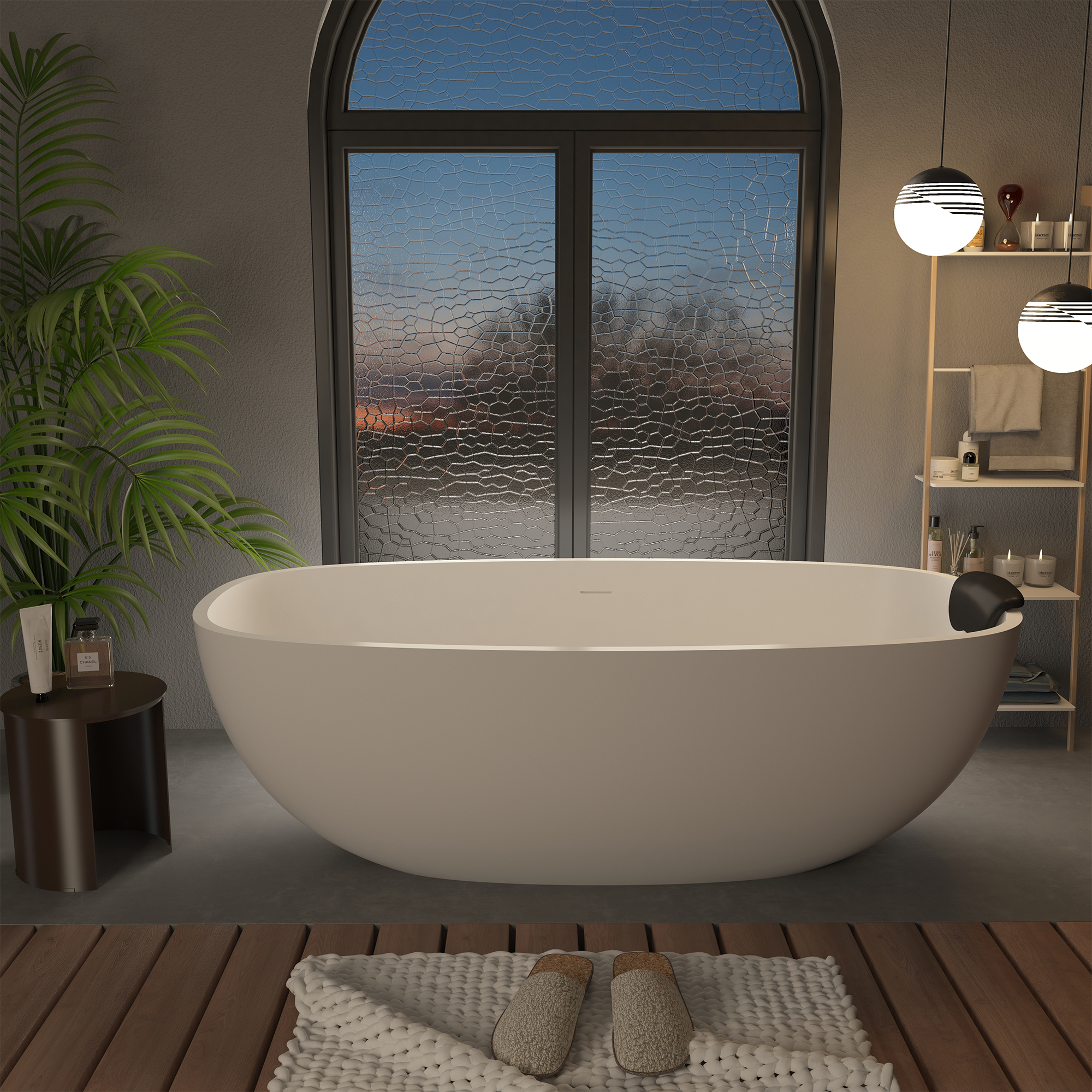 CASAINC 71" Matte White Stone Resin Adult Freestanding Soaking Tub with Cushions