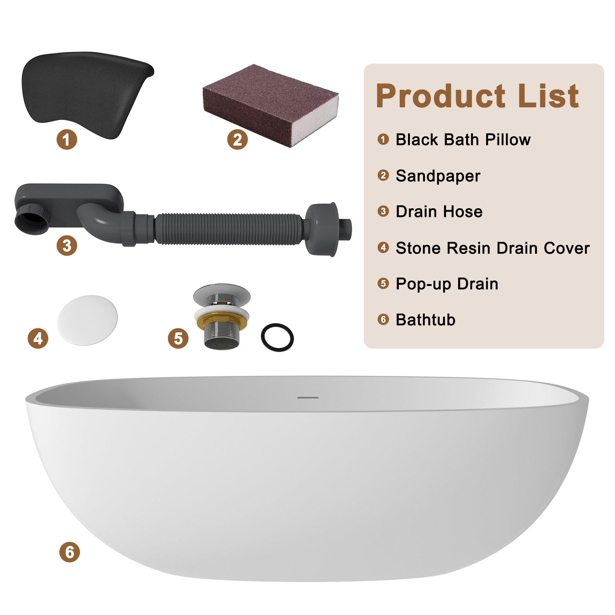 CASAINC 71" Matte White Stone Resin Adult Freestanding Soaking Tub with Cushions