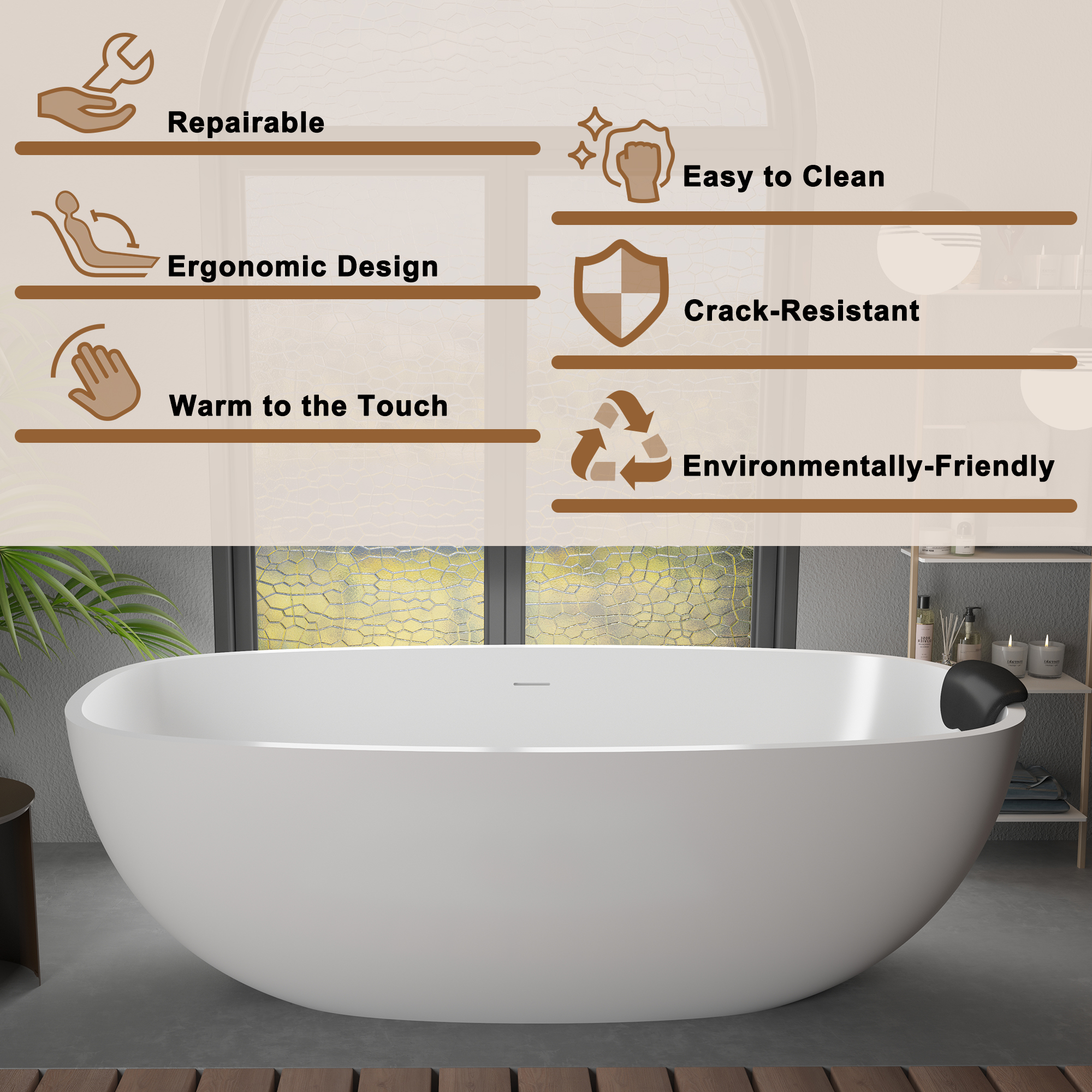CASAINC 71" Matte White Stone Resin Adult Freestanding Soaking Tub with Cushions